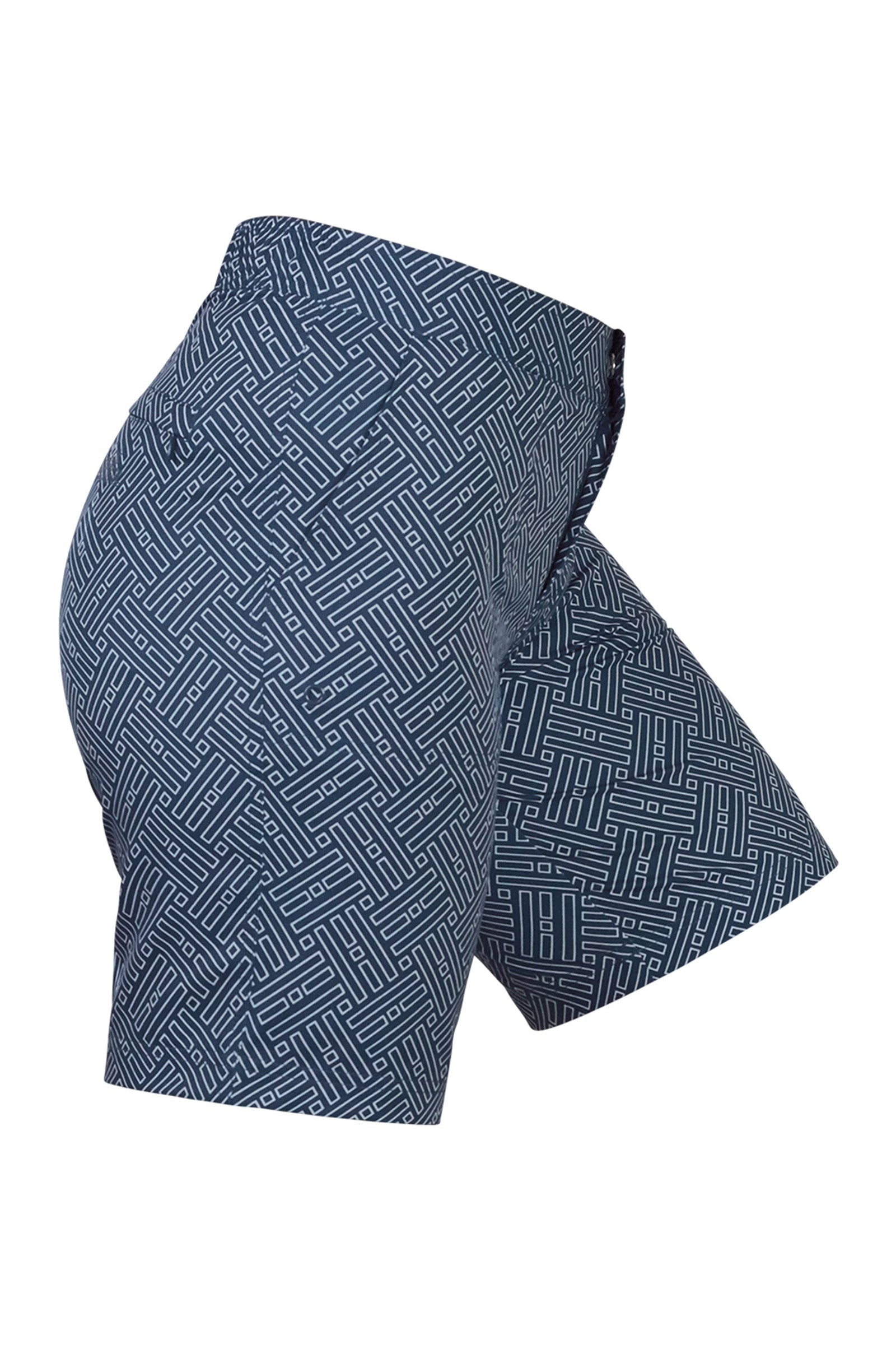 Side View of the Women's Board Shorts in Midnight Maze|midnight-maze
