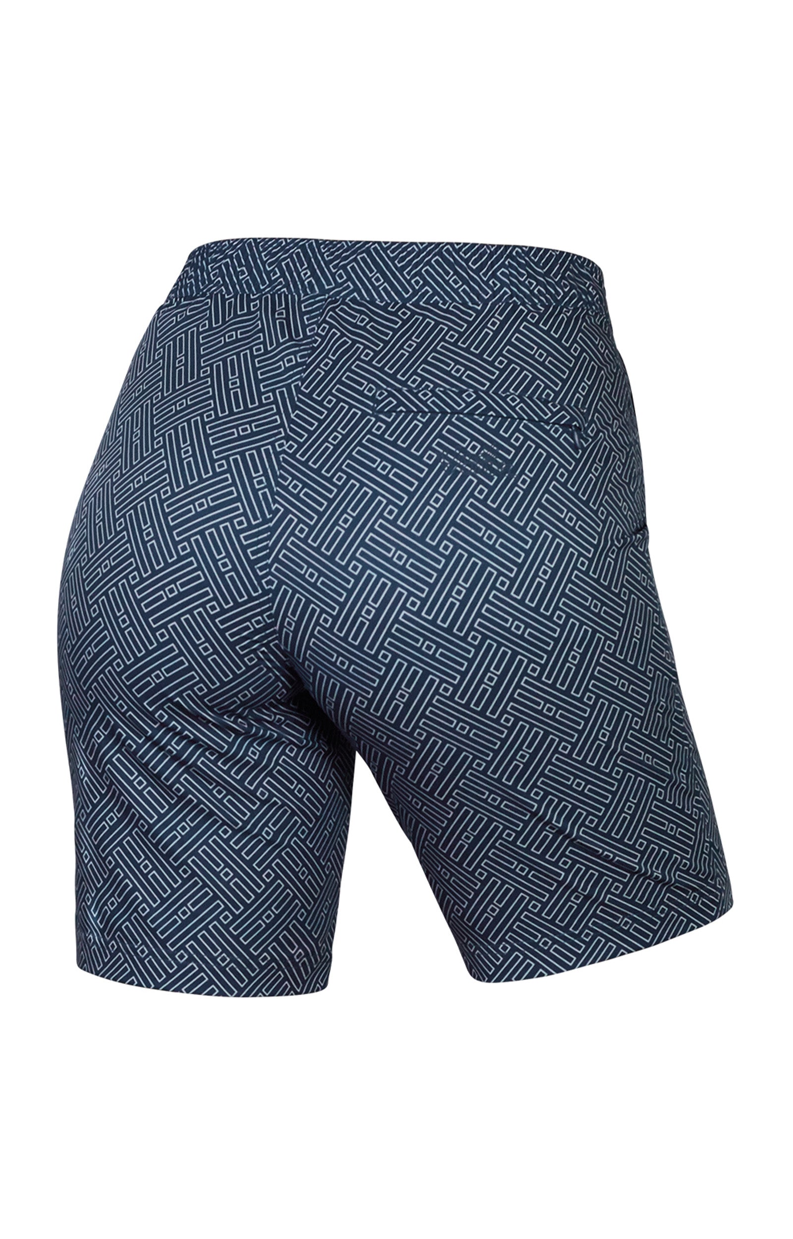 Back View of the Women's Board Shorts in Midnight Maze|midnight-maze