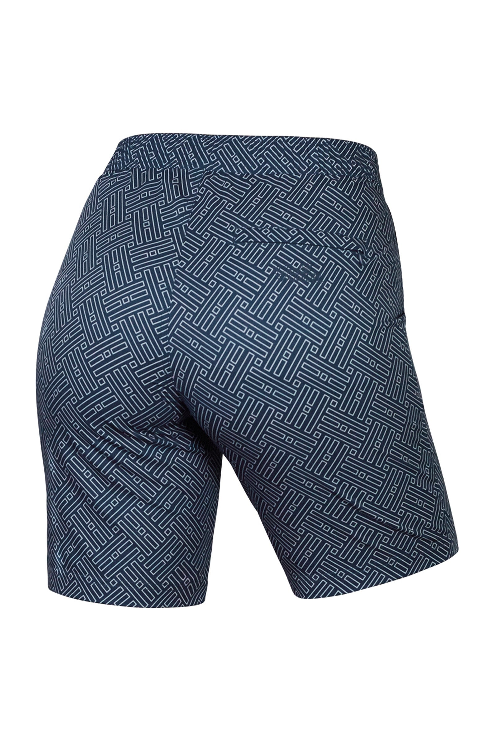 Back View of the Women's Board Shorts in Midnight Maze|midnight-maze
