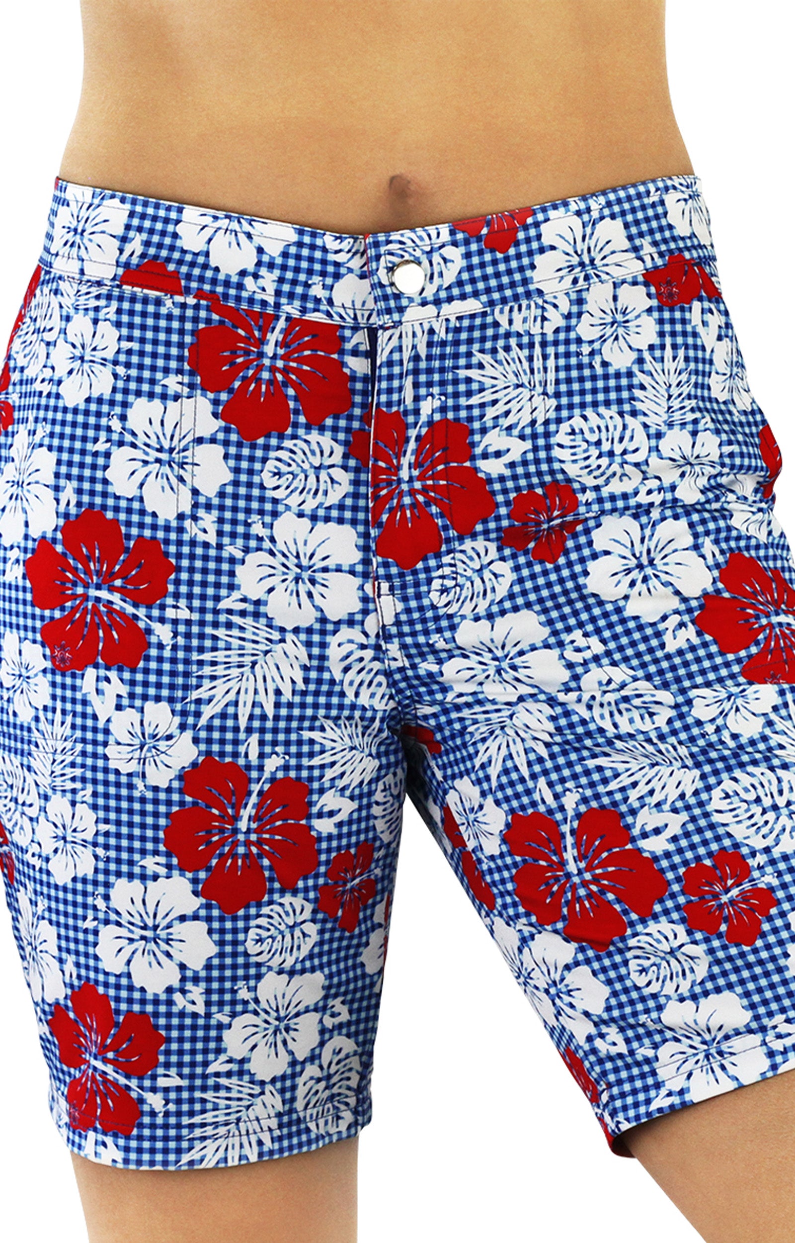 women's board shorts in red americana gingham|red-americana-gingham