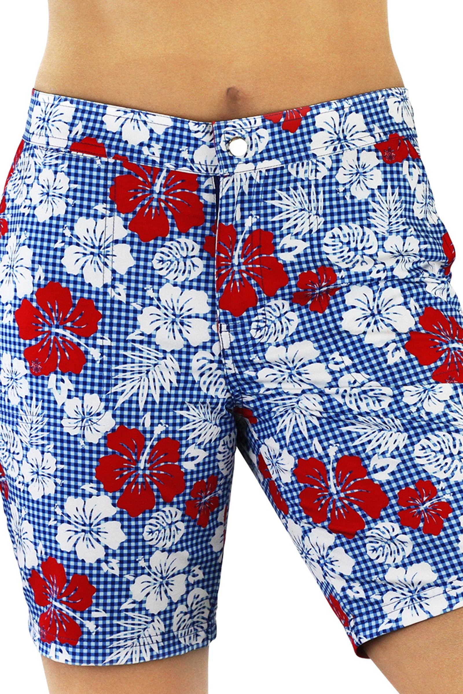 women's board shorts in red americana gingham|red-americana-gingham
