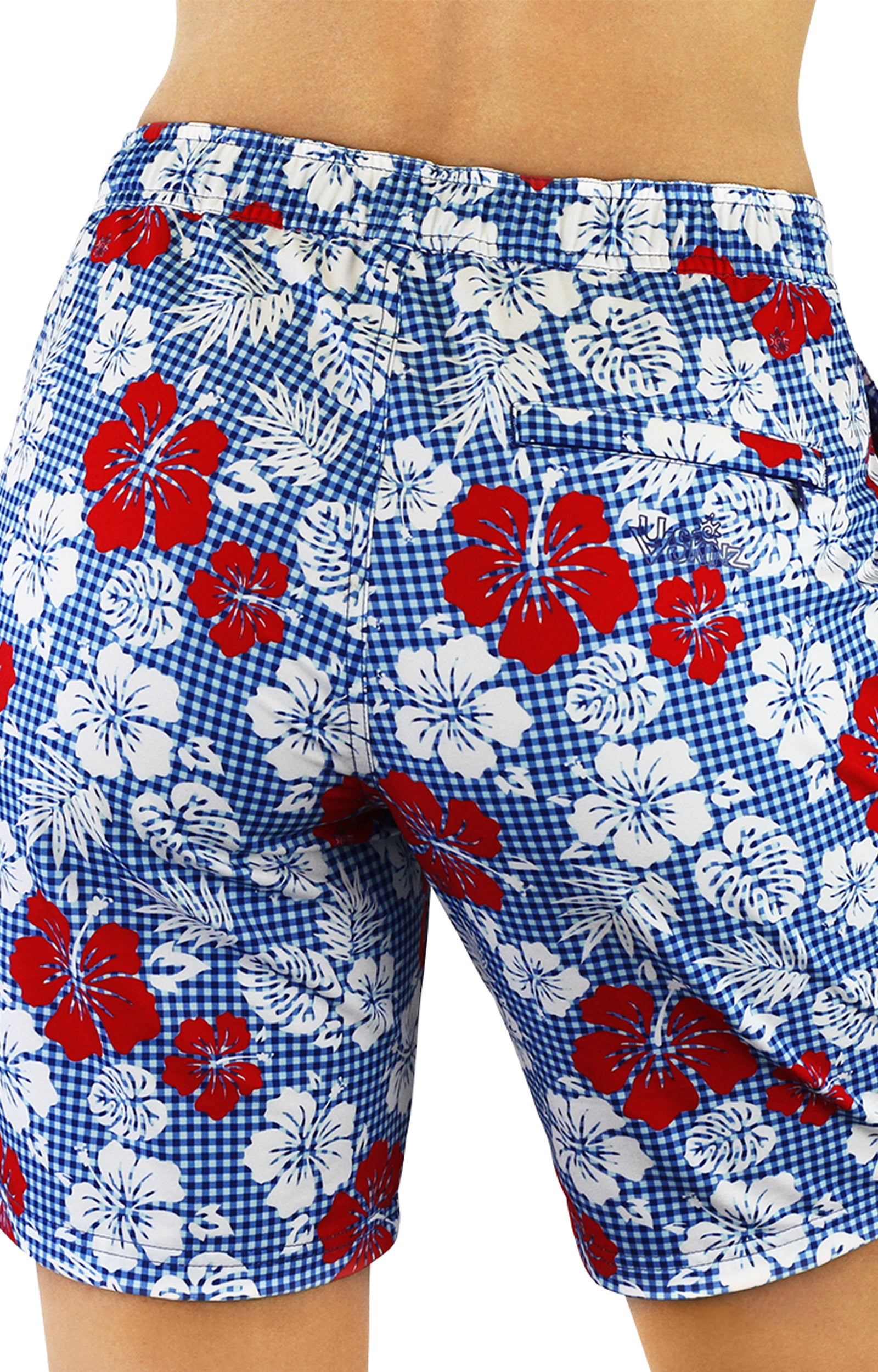back view of the women's board shorts in red americana gingham|red-americana-gingham