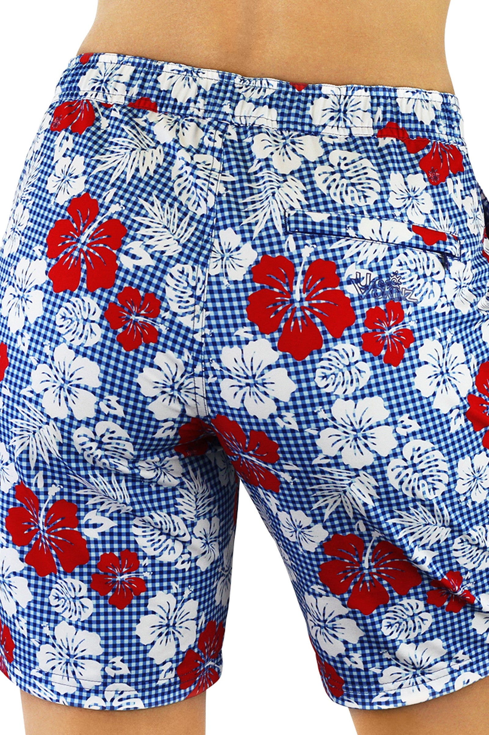 back view of the women's board shorts in red americana gingham|red-americana-gingham