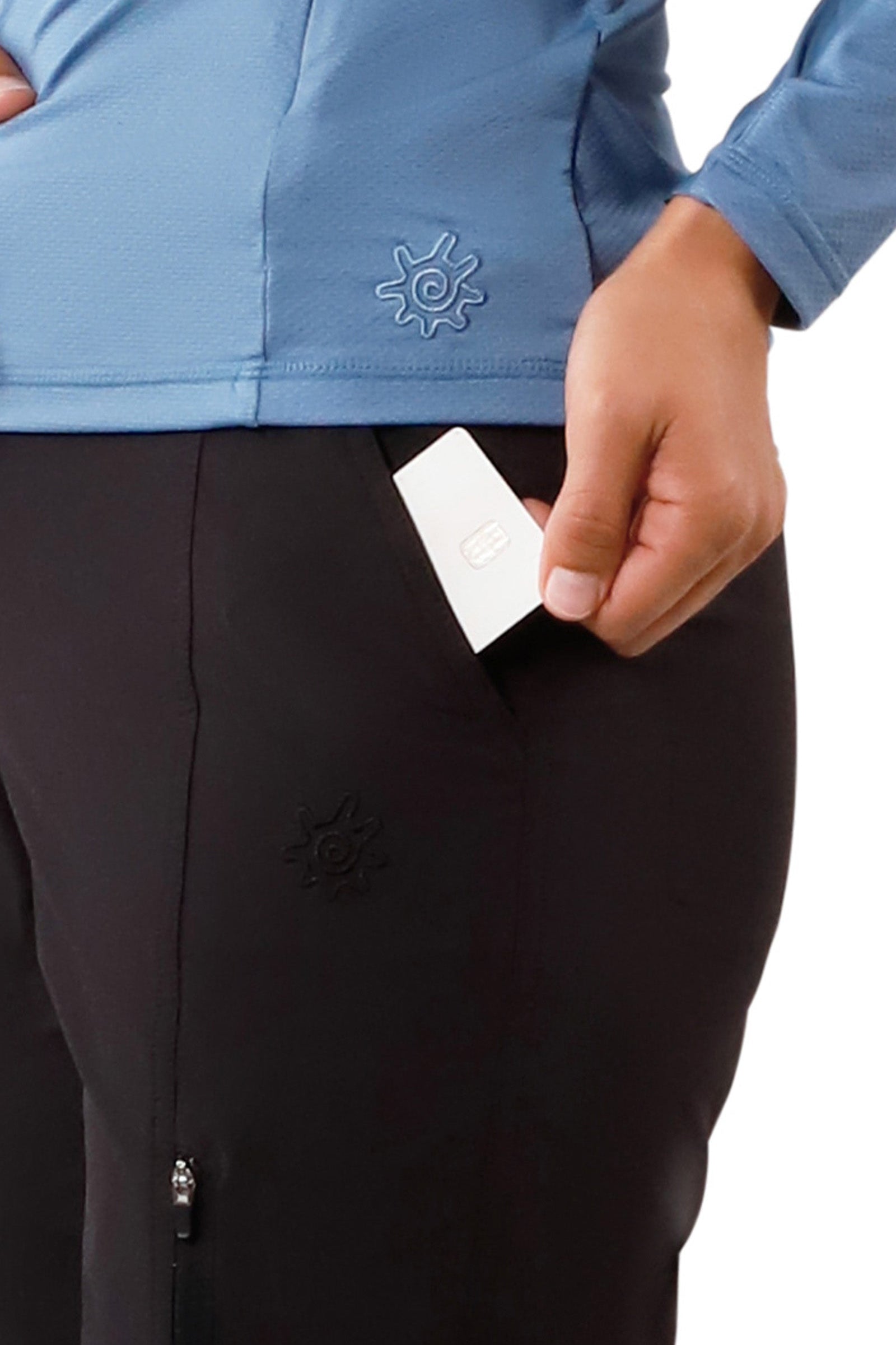 pocket view of woman in walking capris in black|black
