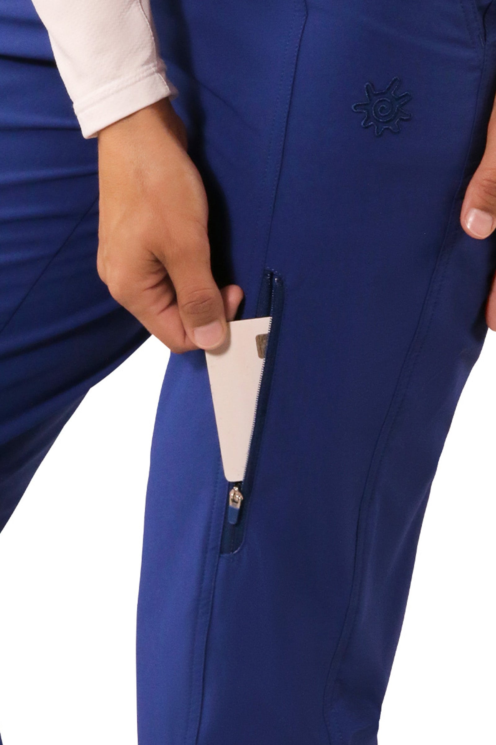 thigh pocket view close up of woman in walking capris in dark navy|dark-navy