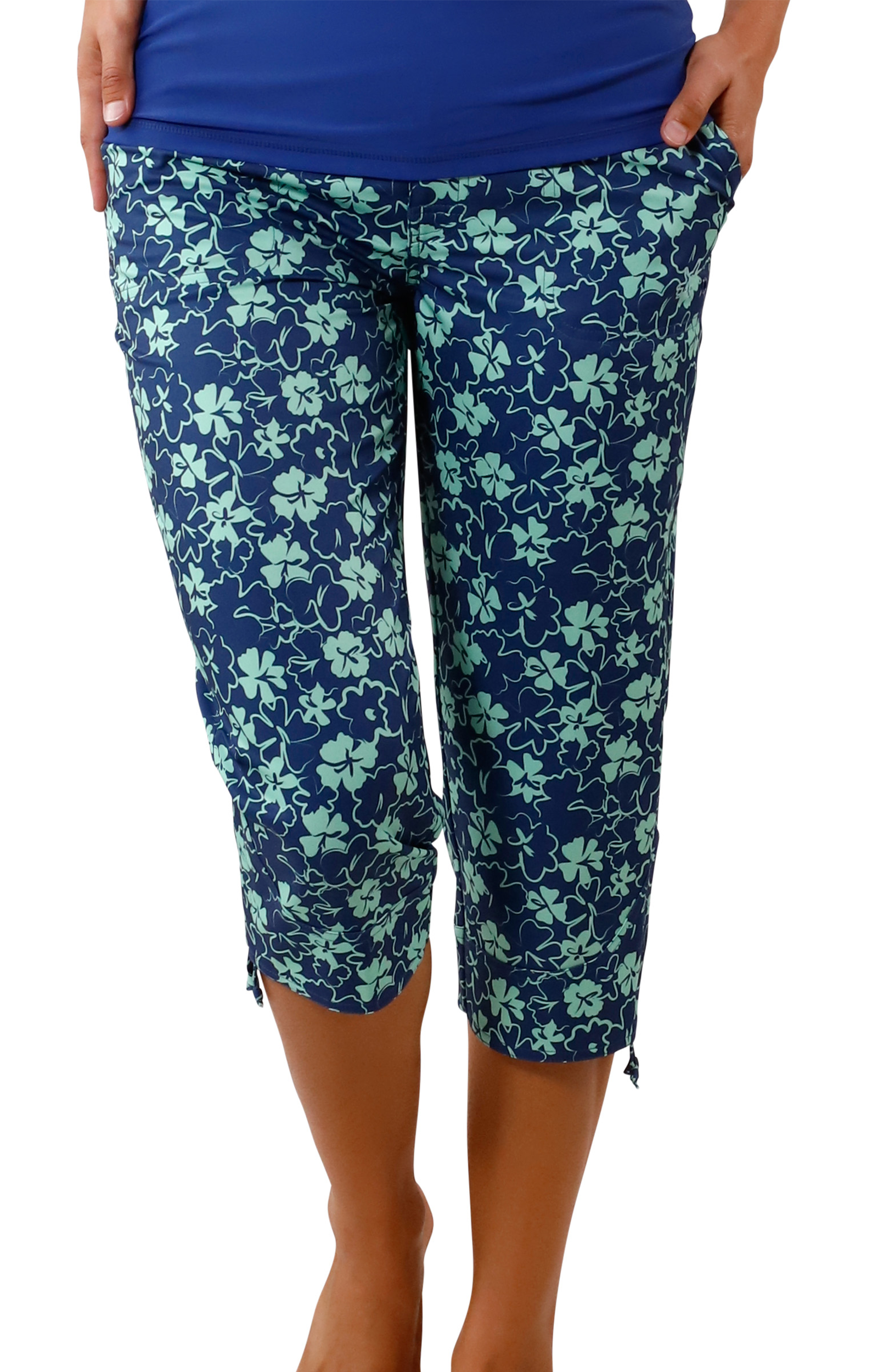 Women's front 2 Beach Capris in Coastal Hibiscus|coastal-hibiscus