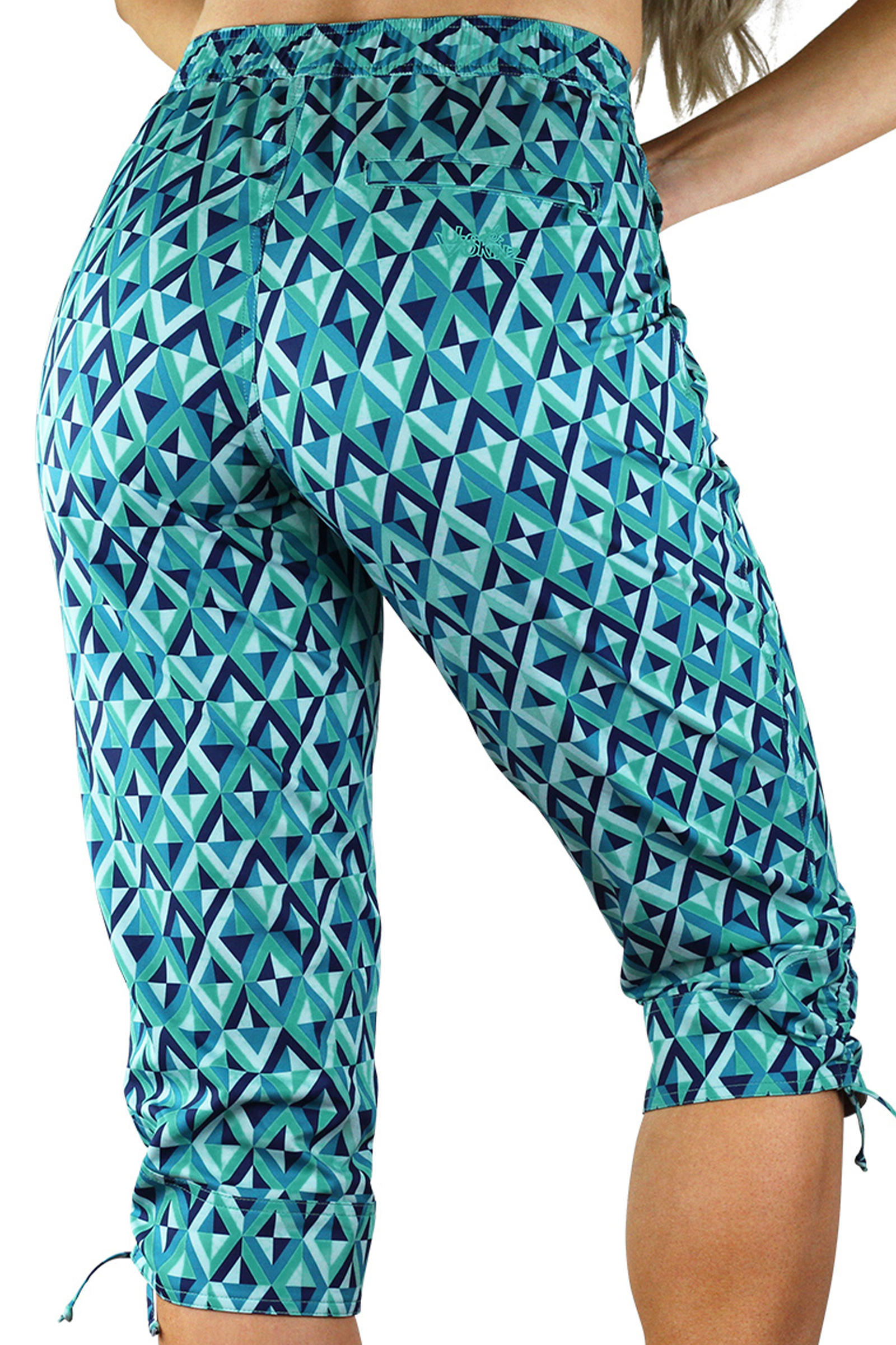 Back View of the Women's Beach Capris in Turquoise Jewels|turquoise-jewels