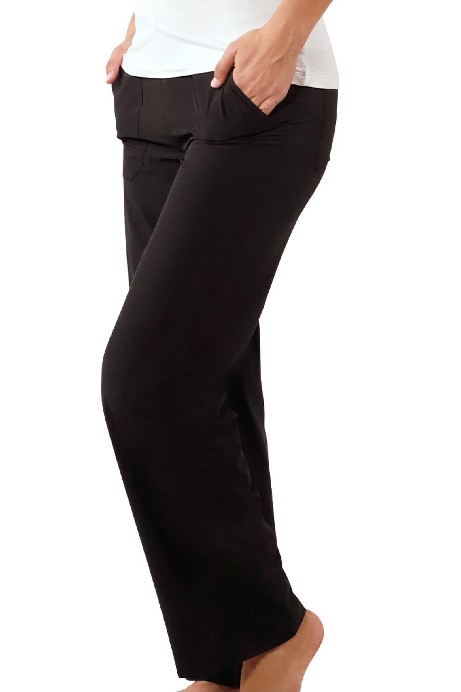 side view of womens walking capris in black|black