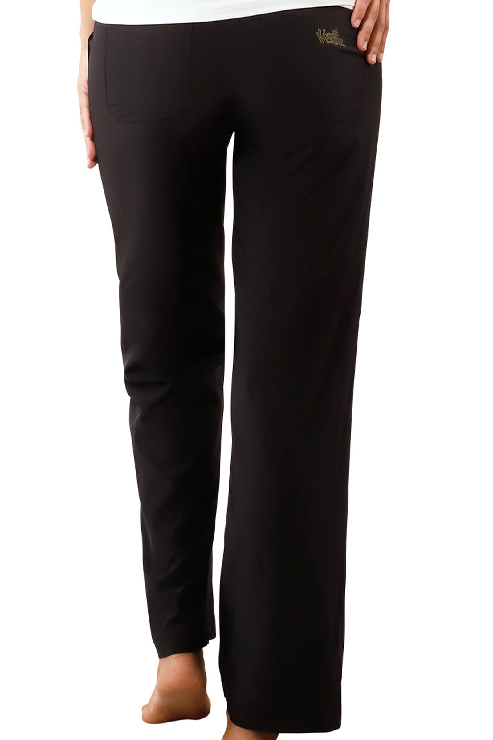 back view of womens walking capris in black|black