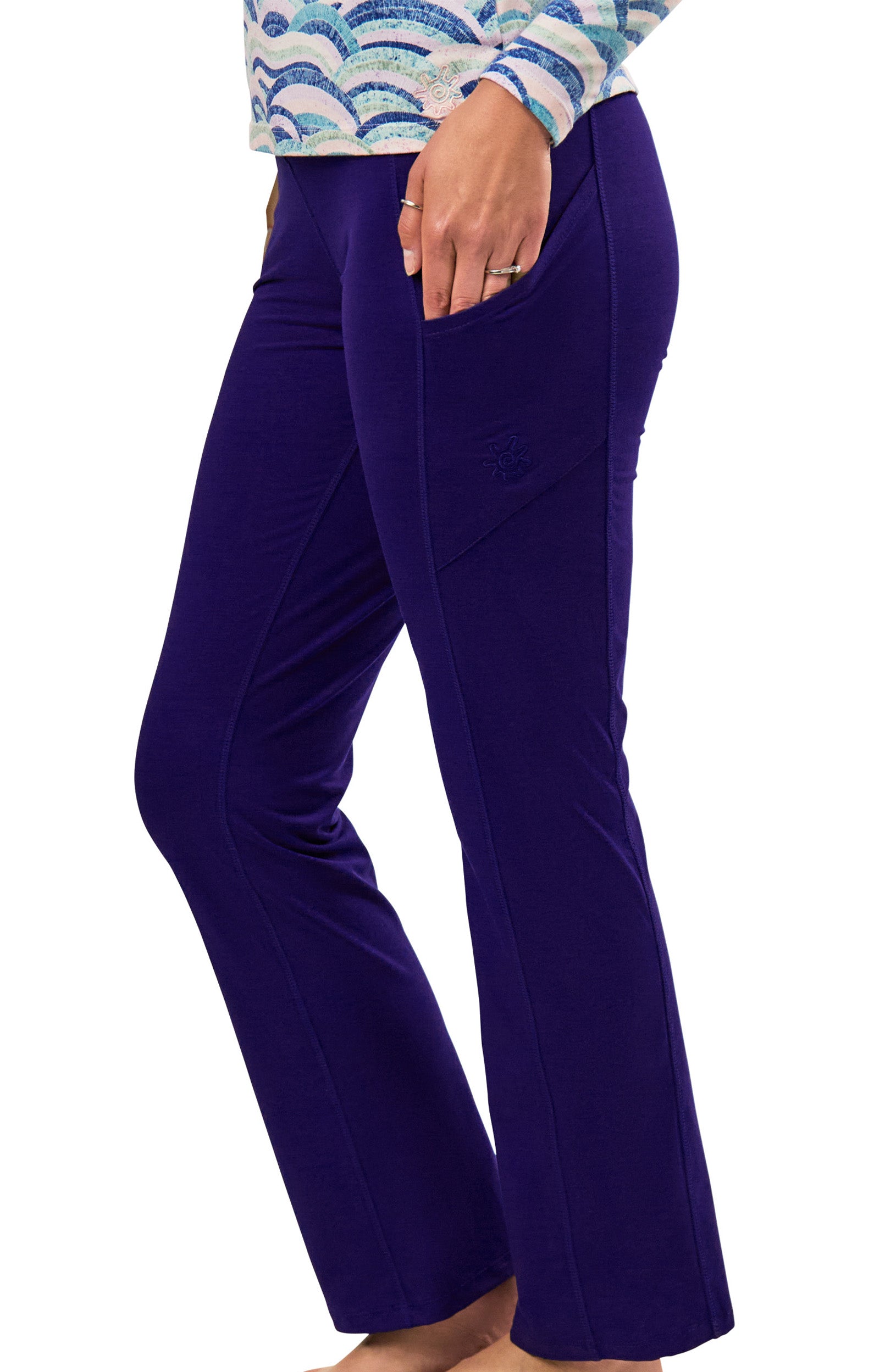 side view of womens everyday flared leggings in dark navy|dark-navy
