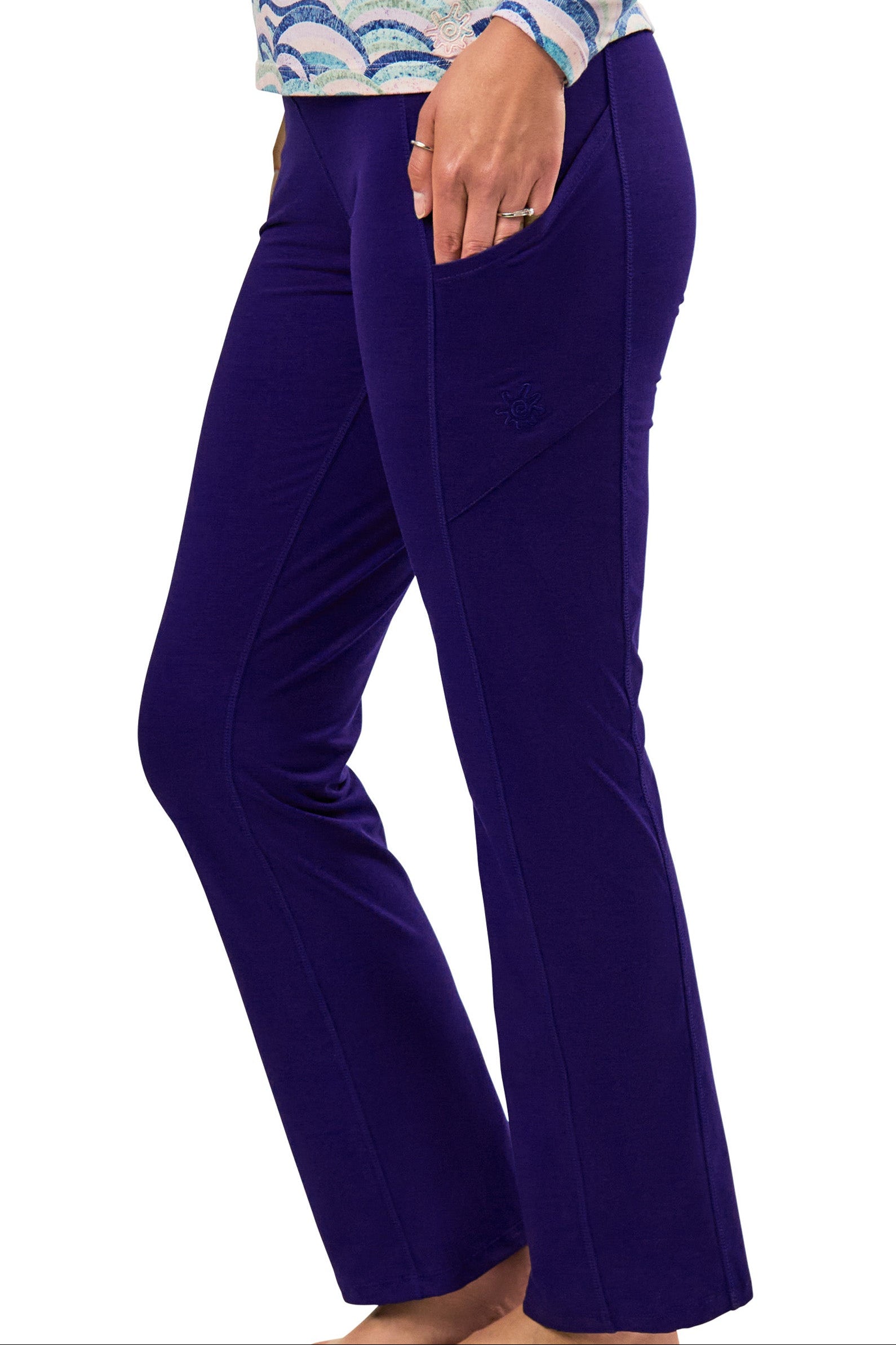 side view of womens everyday flared leggings in dark navy|dark-navy