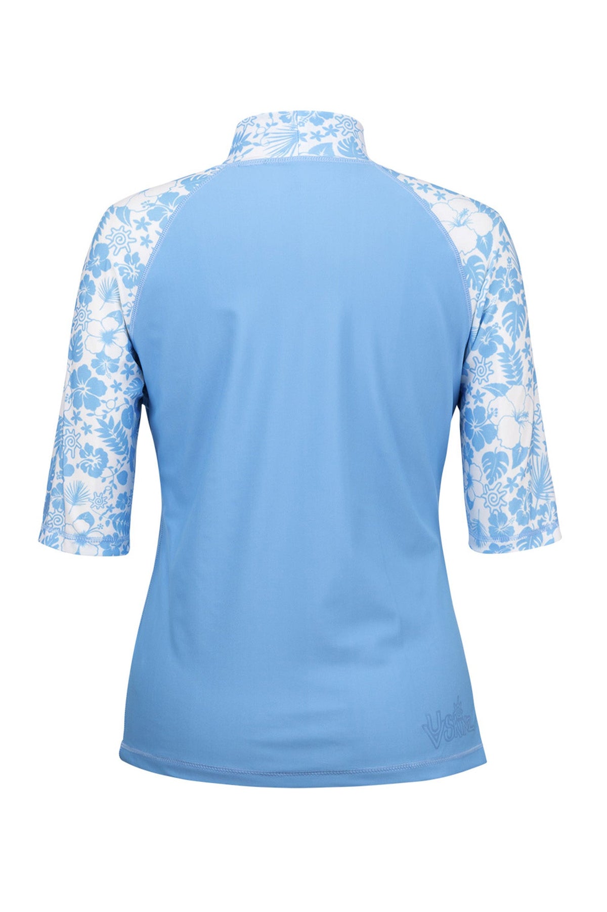 Back of the Women's Aloha Short Sleeve Sun & Swim Shirt in Sky Blue Aloha|sky-blue-aloha