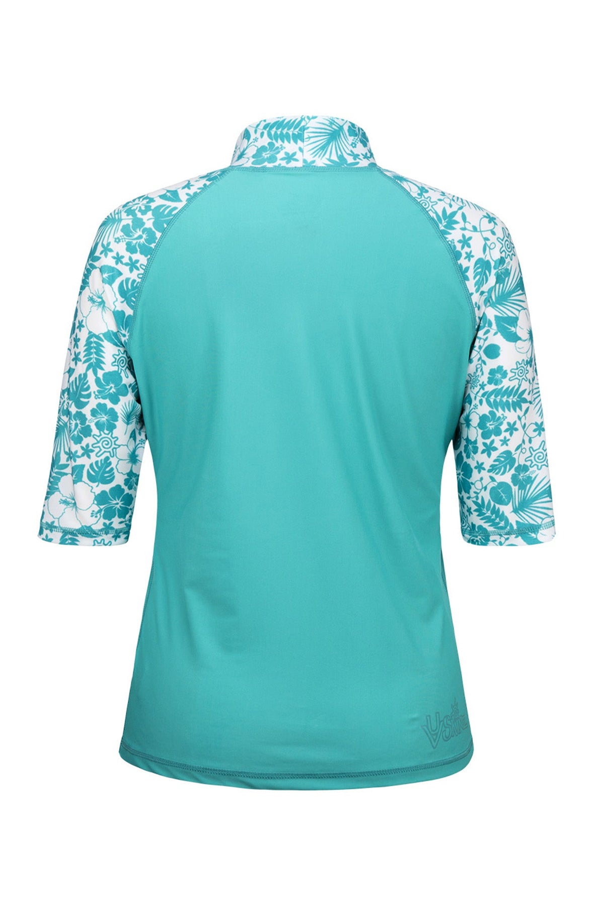 Back of the Women's Aloha Short Sleeve Sun & Swim Shirt in Teal Aloha|teal-aloha
