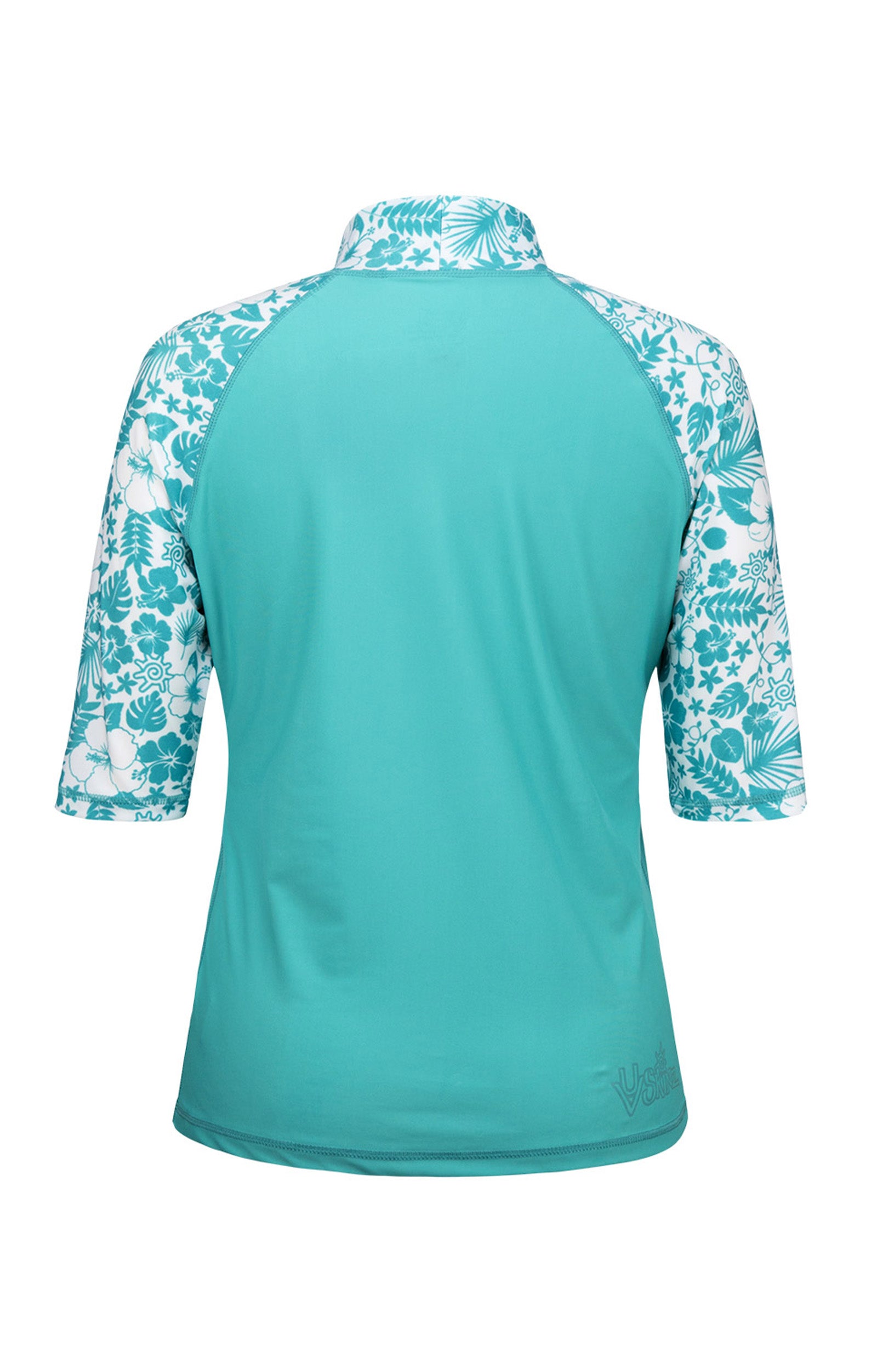 Back of the Women's Aloha Short Sleeve Sun & Swim Shirt in Teal Aloha|teal-aloha