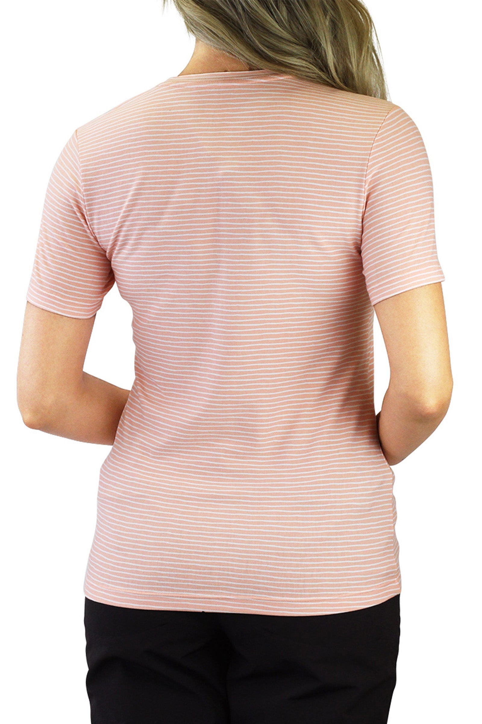 back of the women's UPF 50+ shirt in apricot wavy stripe|apricot-wavy-stripe
