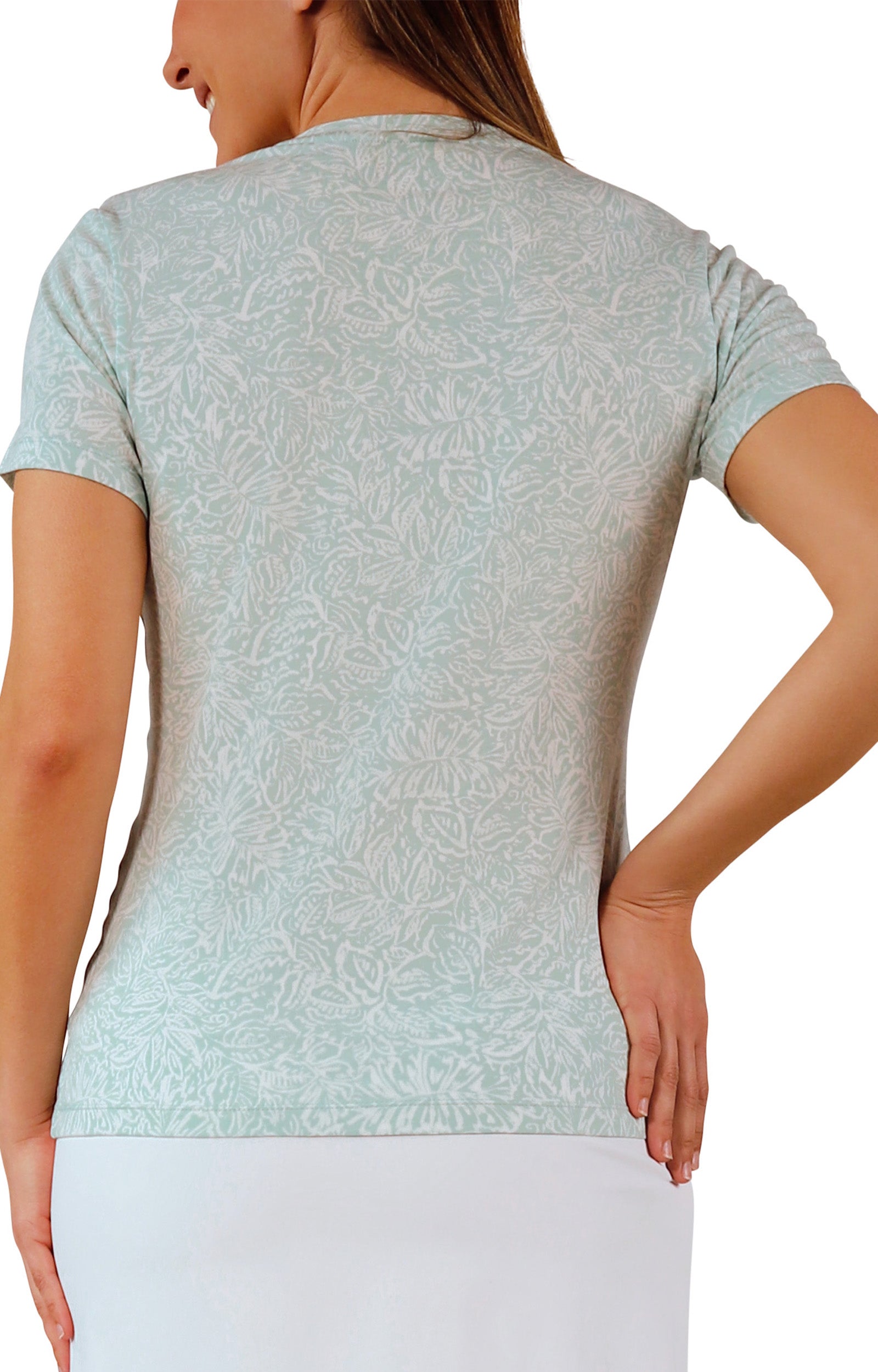 back view of womens everyday tee in imprint leaves|imprint-leaves