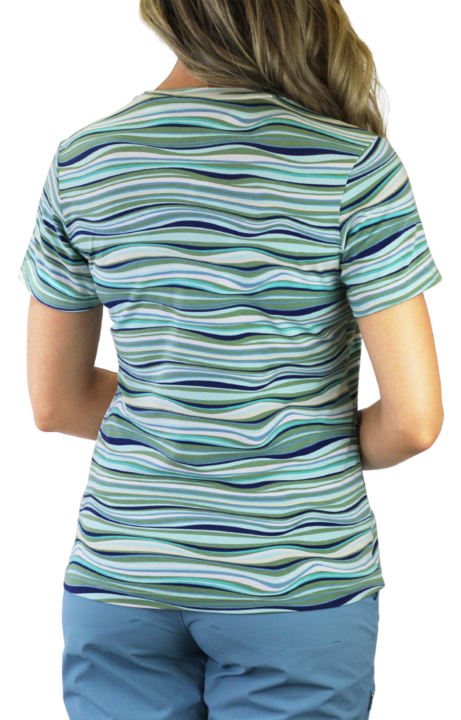 Back of the women's UPF 50+ shirt in serene waves|serene-waves