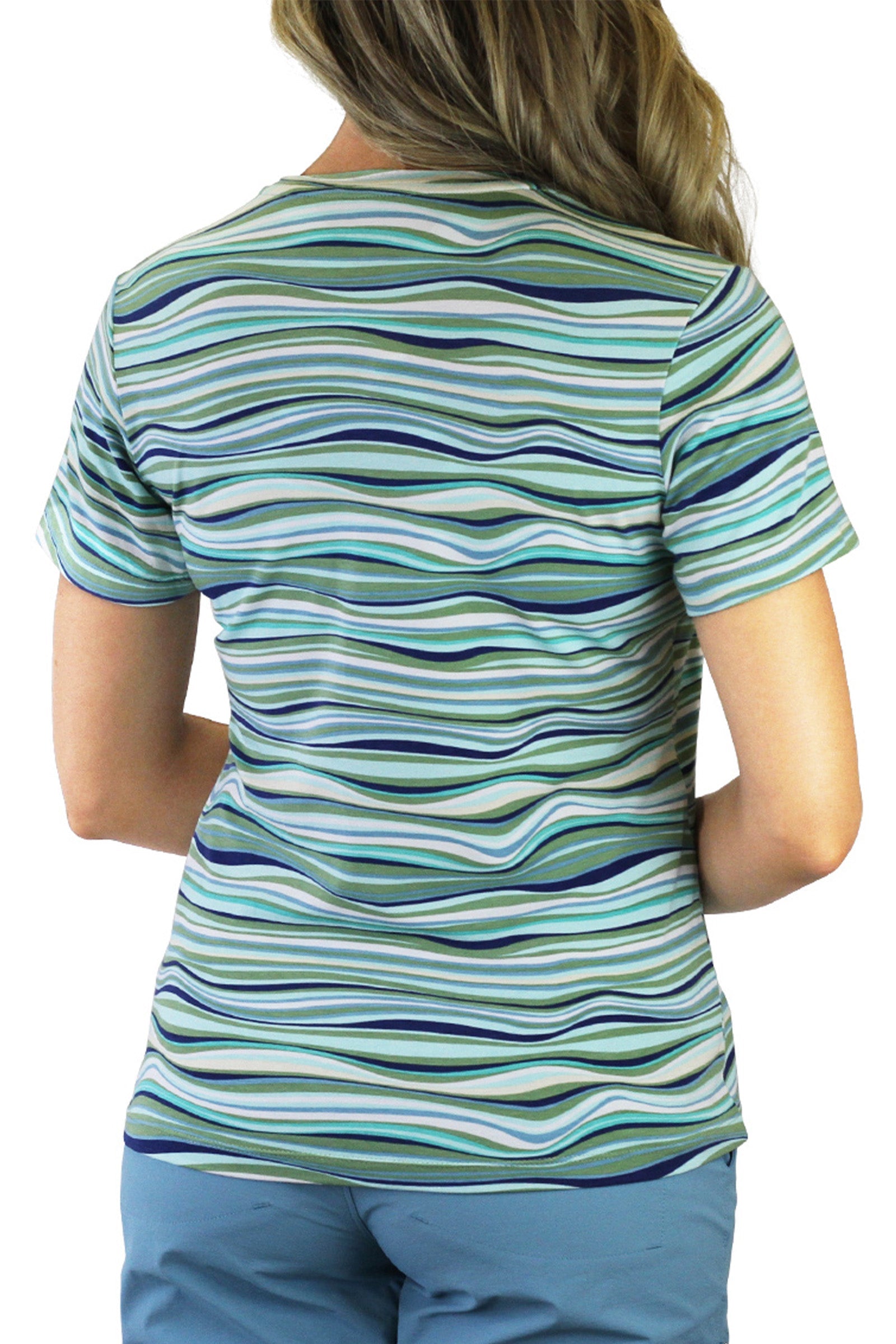 Back of the women's UPF 50+ shirt in serene waves|serene-waves