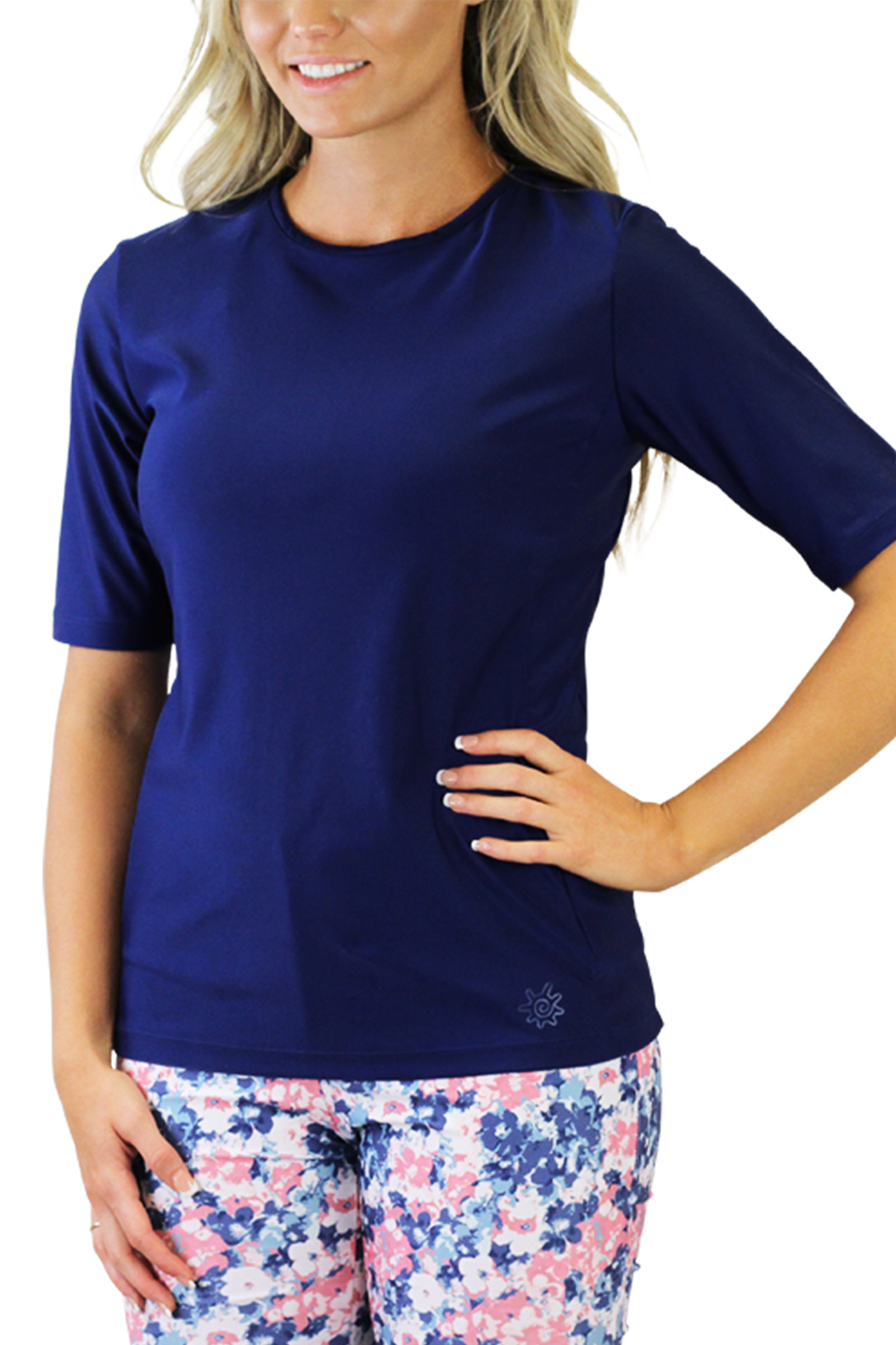 women's short sleeve crew swim shirt in dark navy|dark-navy