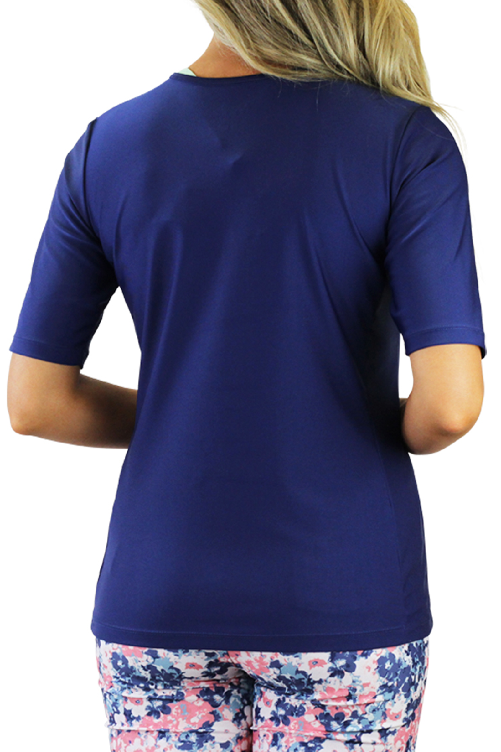back of the women's short sleeve crew swim shirt in dark navy|dark-navy