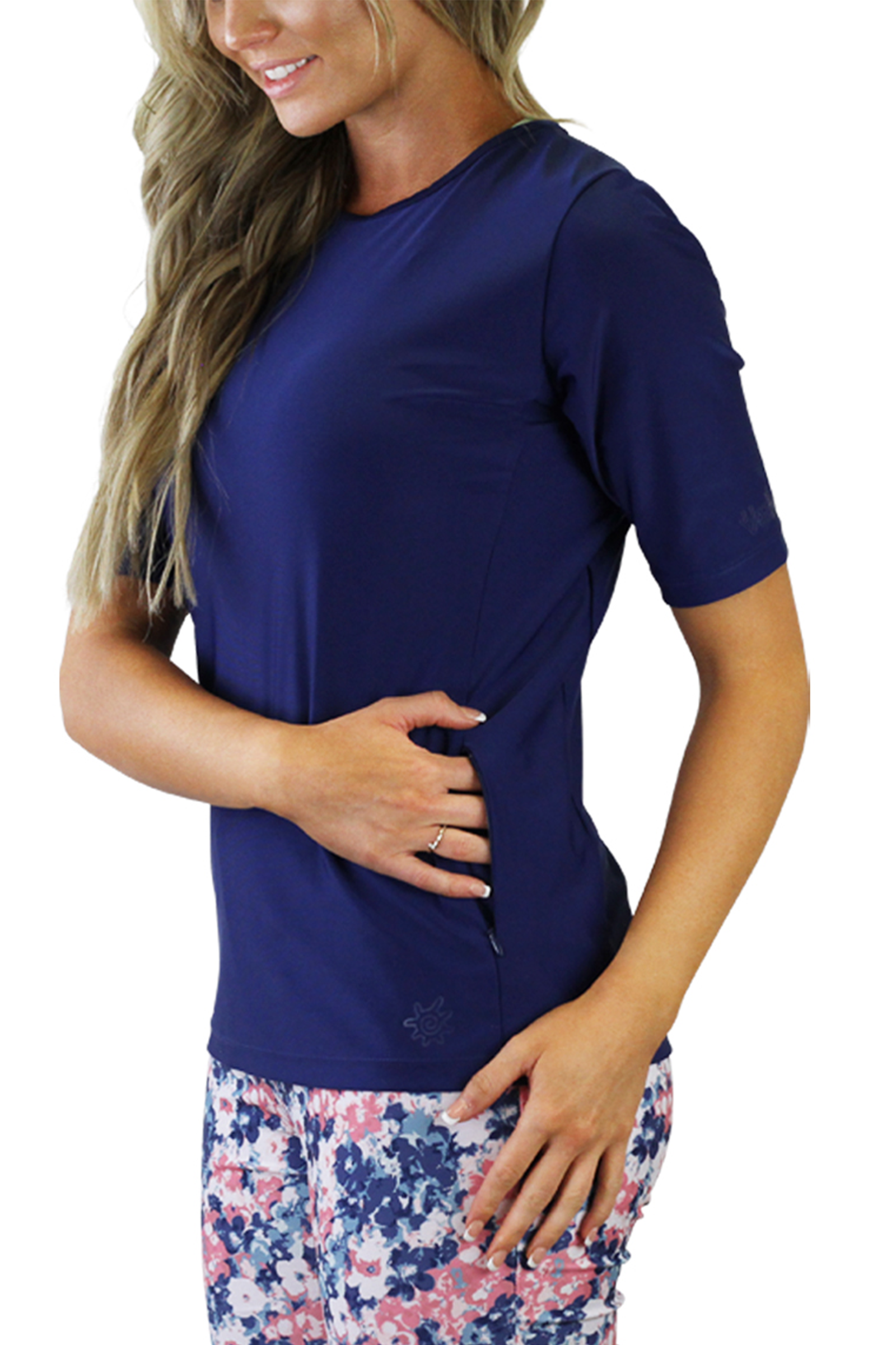 side view of the women's short sleeve crew swim shirt in dark navy|dark-navy