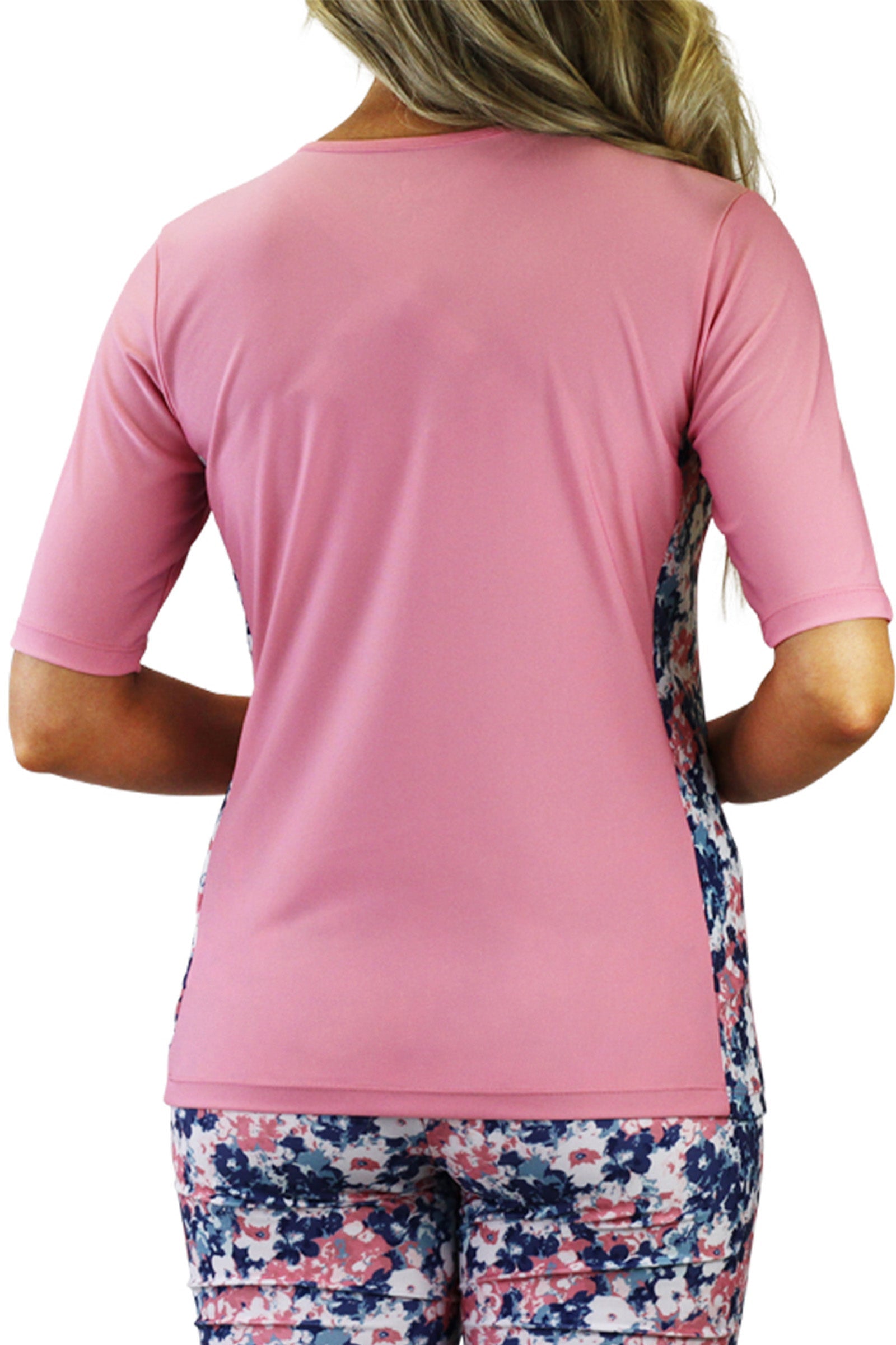 back of UV Skinz's women's short sleeve crew swim shirt in monet garden|monet-garden