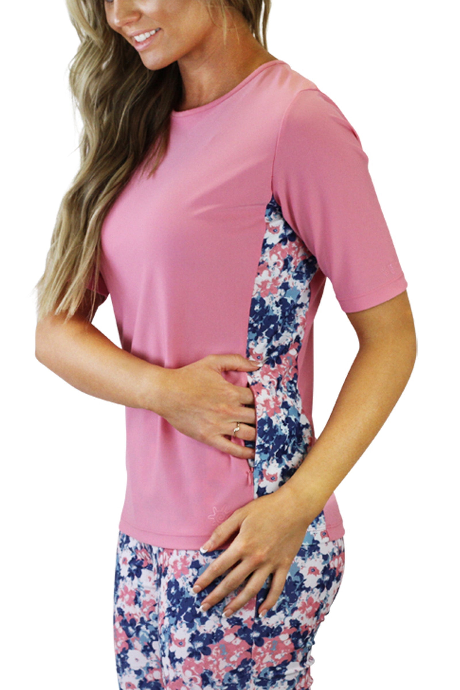 Side view of UV Skinz's women's short sleeve crew swim shirt in monet garden|monet-garden