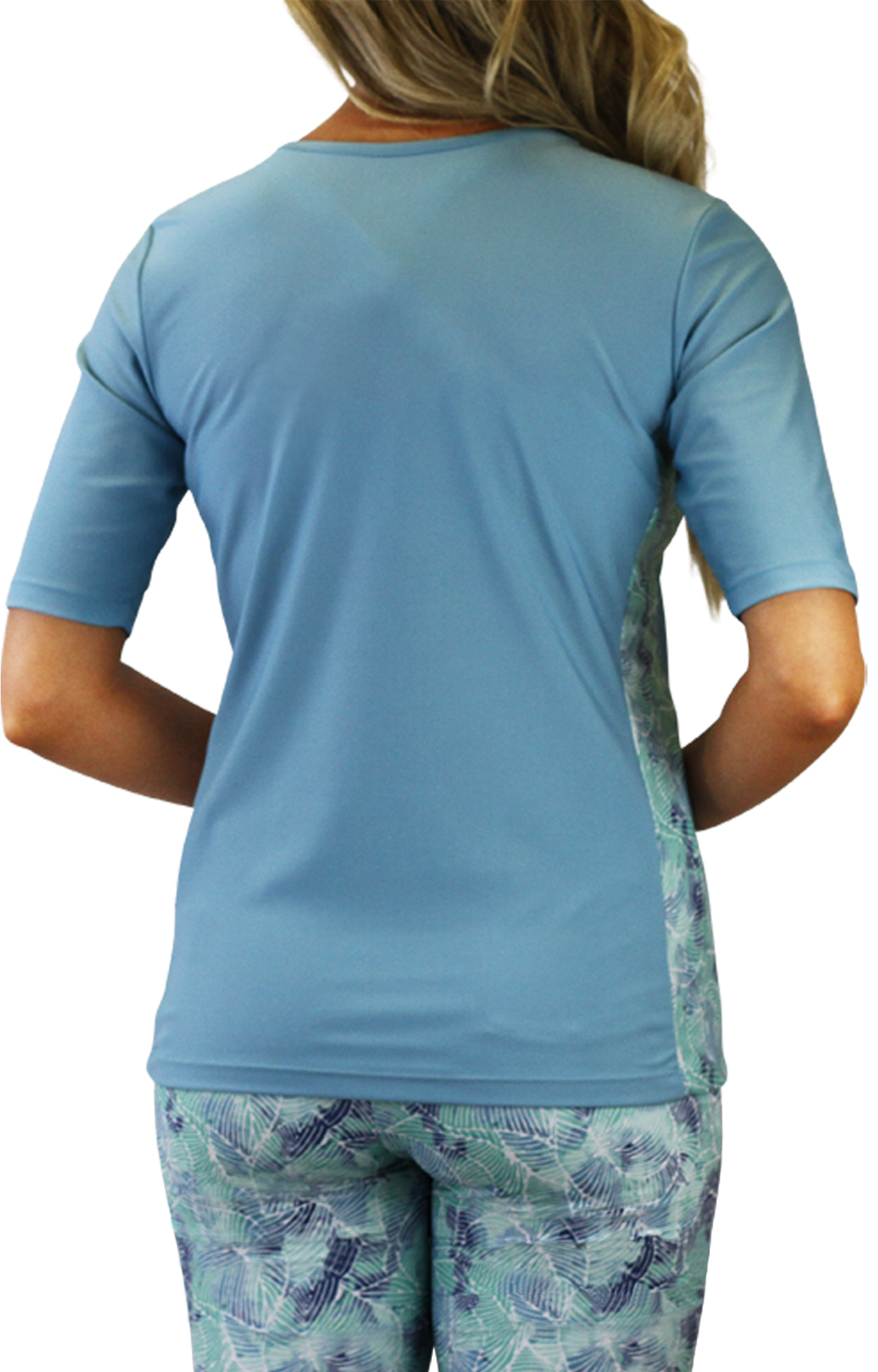 back of the women's short sleeve crew swim shirt in watercolor tie dye|watercolor-tie-dye