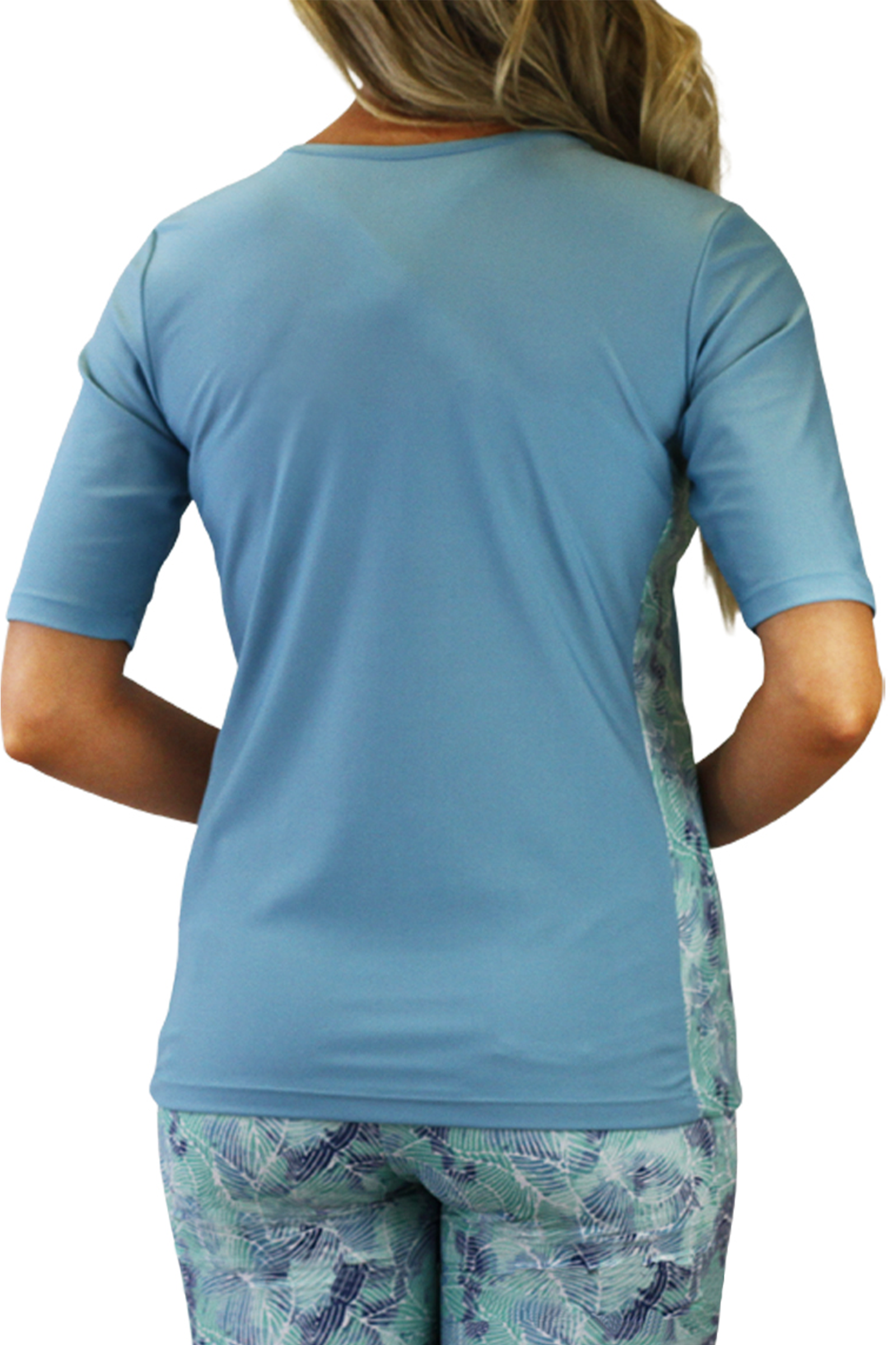 back of the women's short sleeve crew swim shirt in watercolor tie dye|watercolor-tie-dye