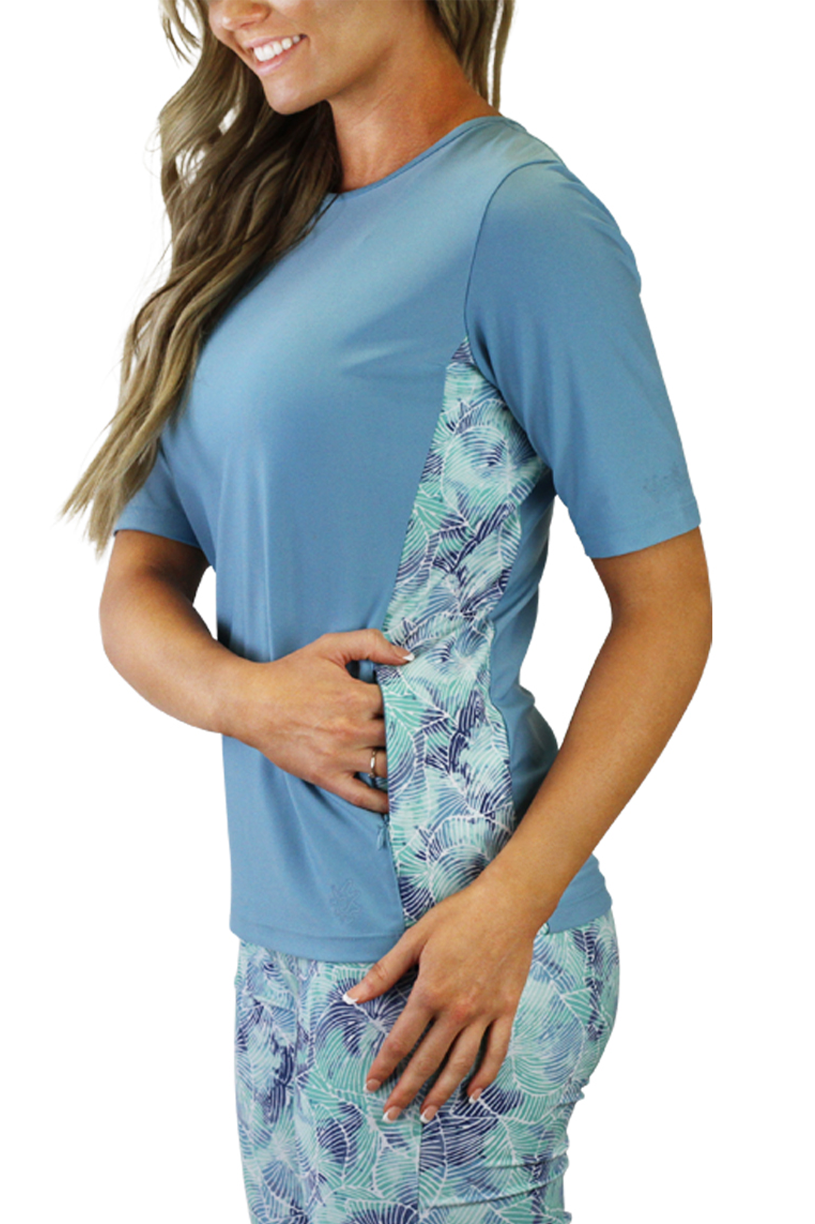 side view of the women's short sleeve crew swim shirt in watercolor tie dye|watercolor-tie-dye