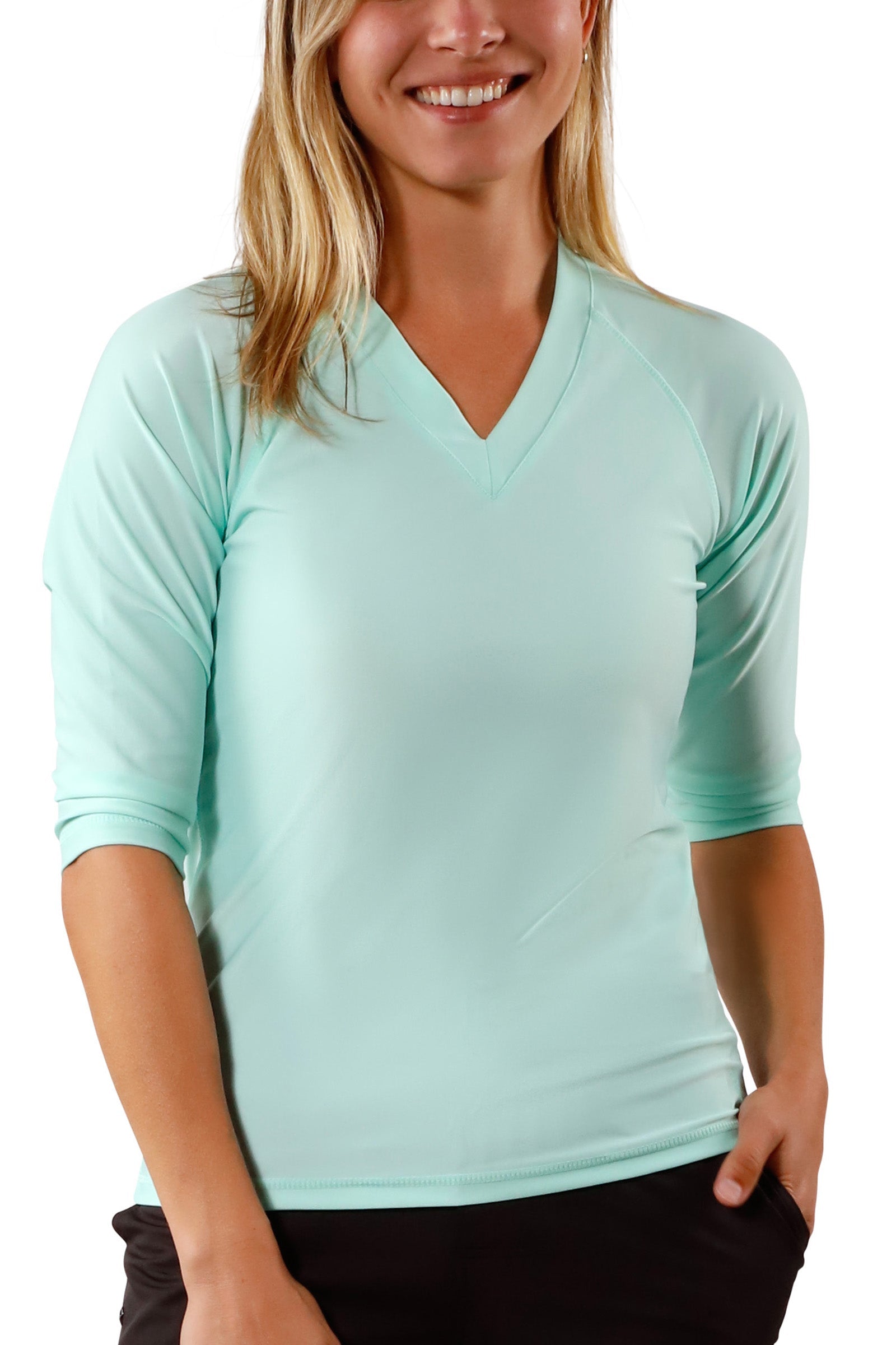 Women's front V-Neck Sun & Swim Shirt in Beach Glass|beach-glass