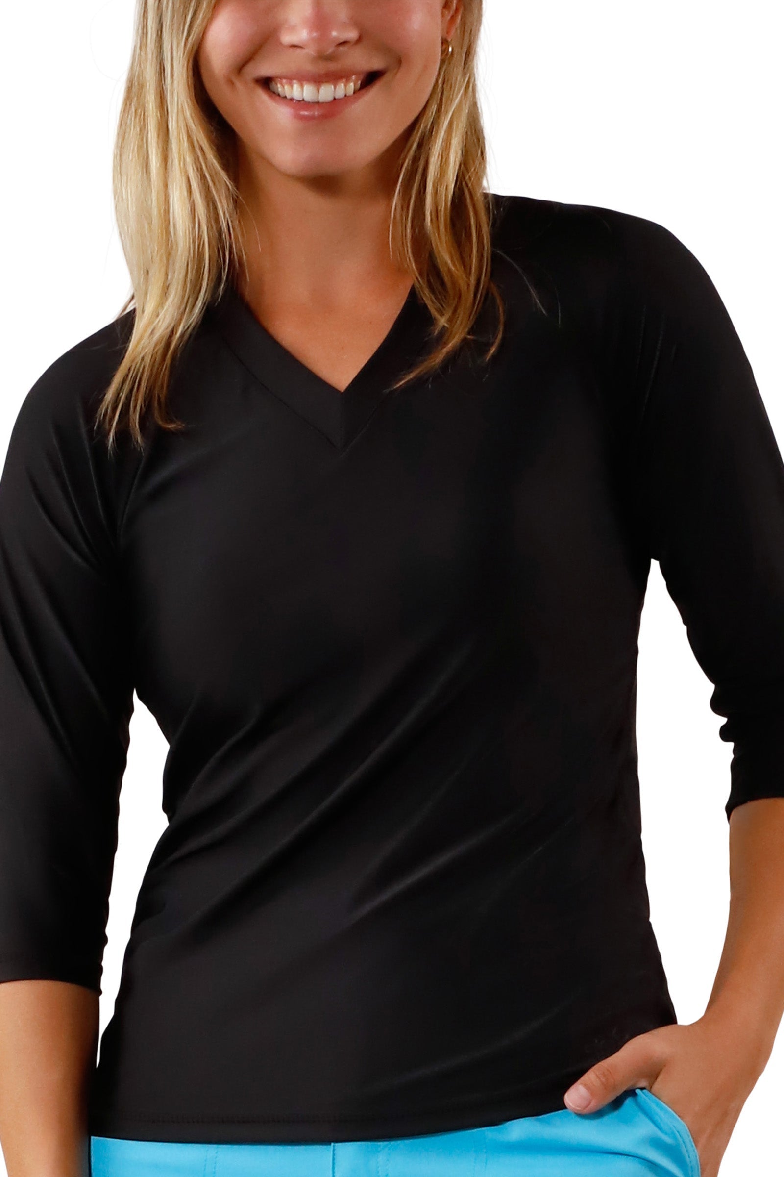 Women's front V-Neck Sun & Swim Shirt in Black|black