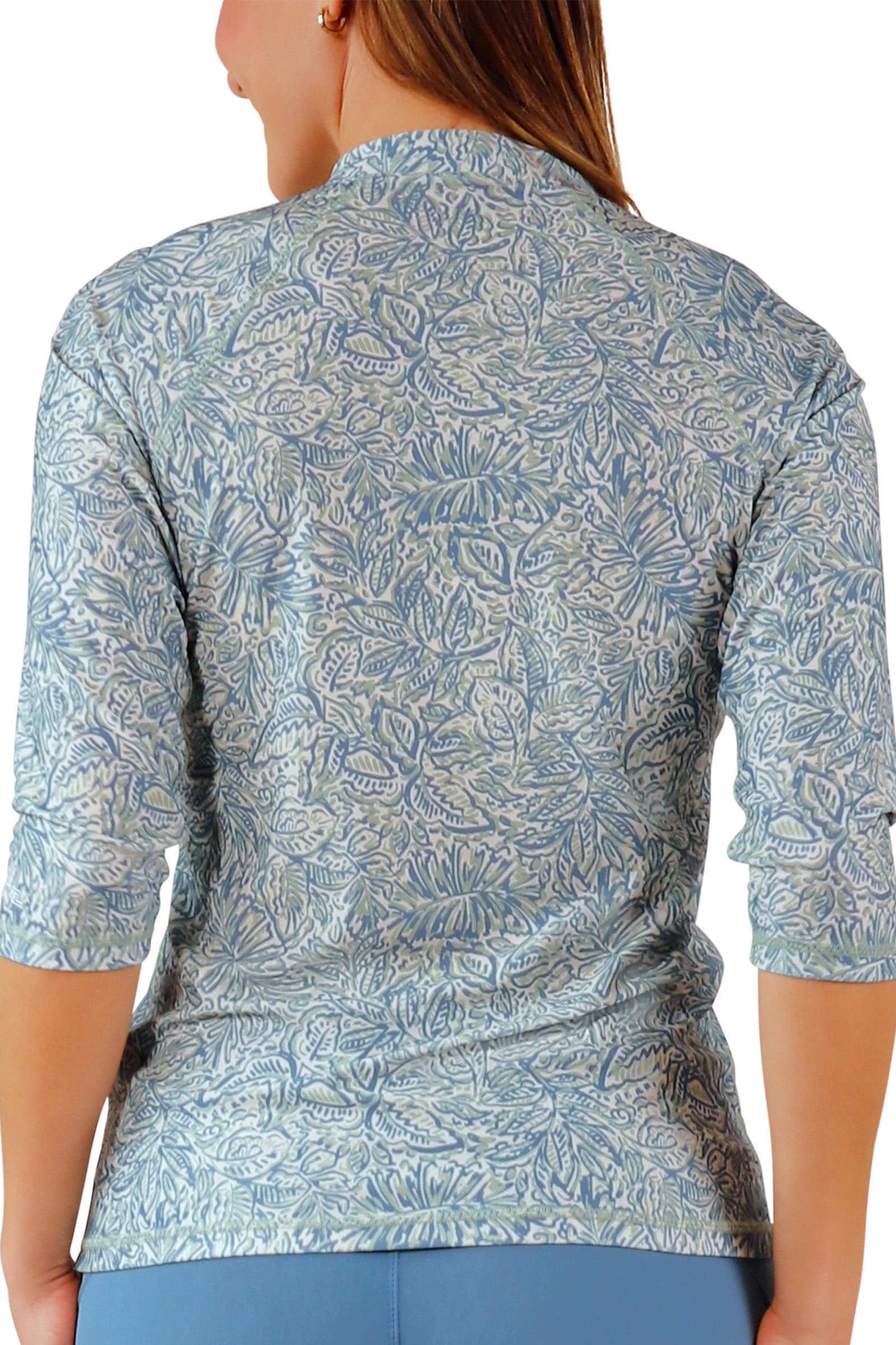 back view of womens v-neck sun and swim shirt|botanical-garden