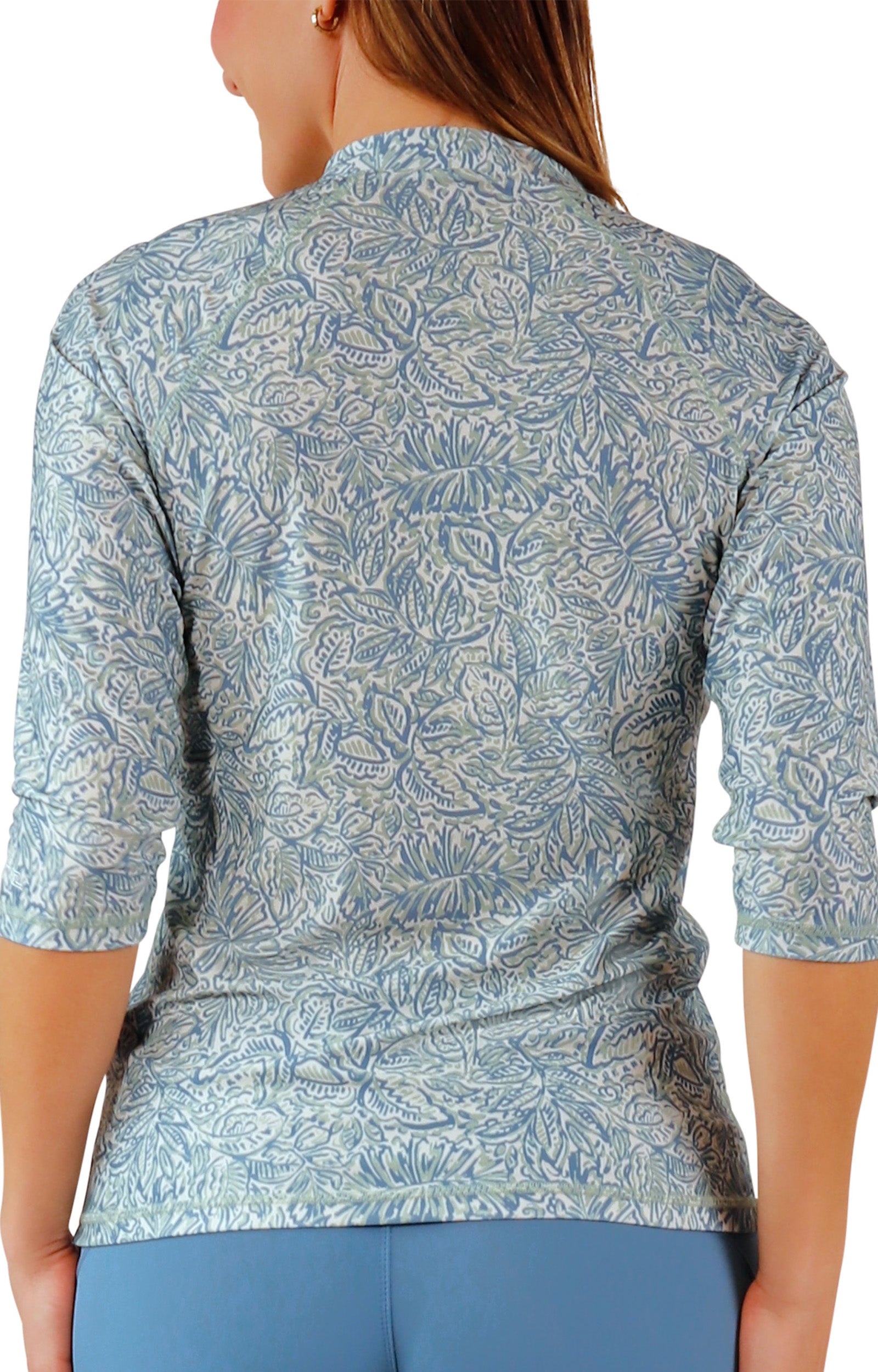 back view of womens v-neck sun and swim shirt|botanical-garden