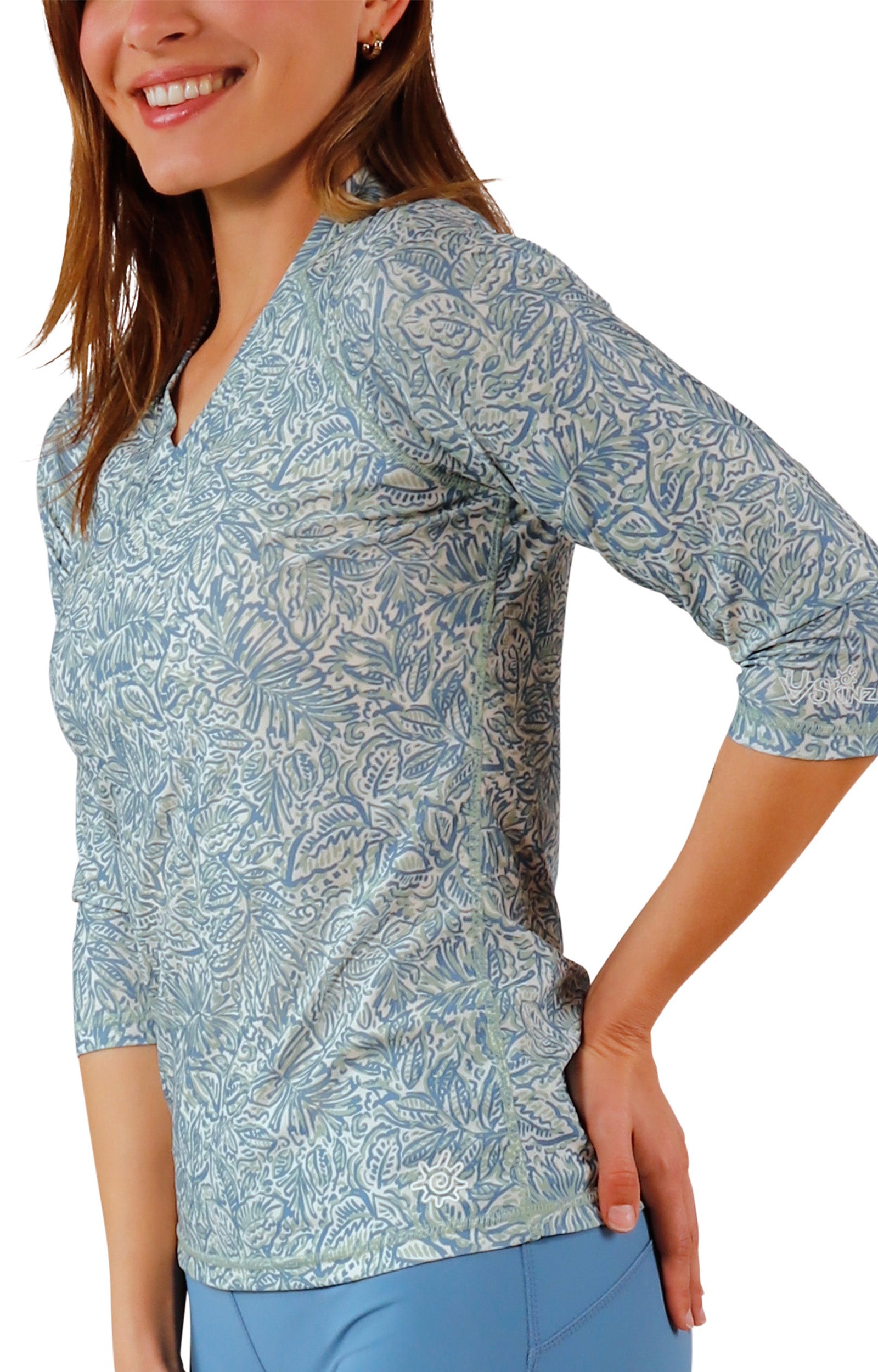 side view of womens v-neck sun and swim shirt|botanical-garden