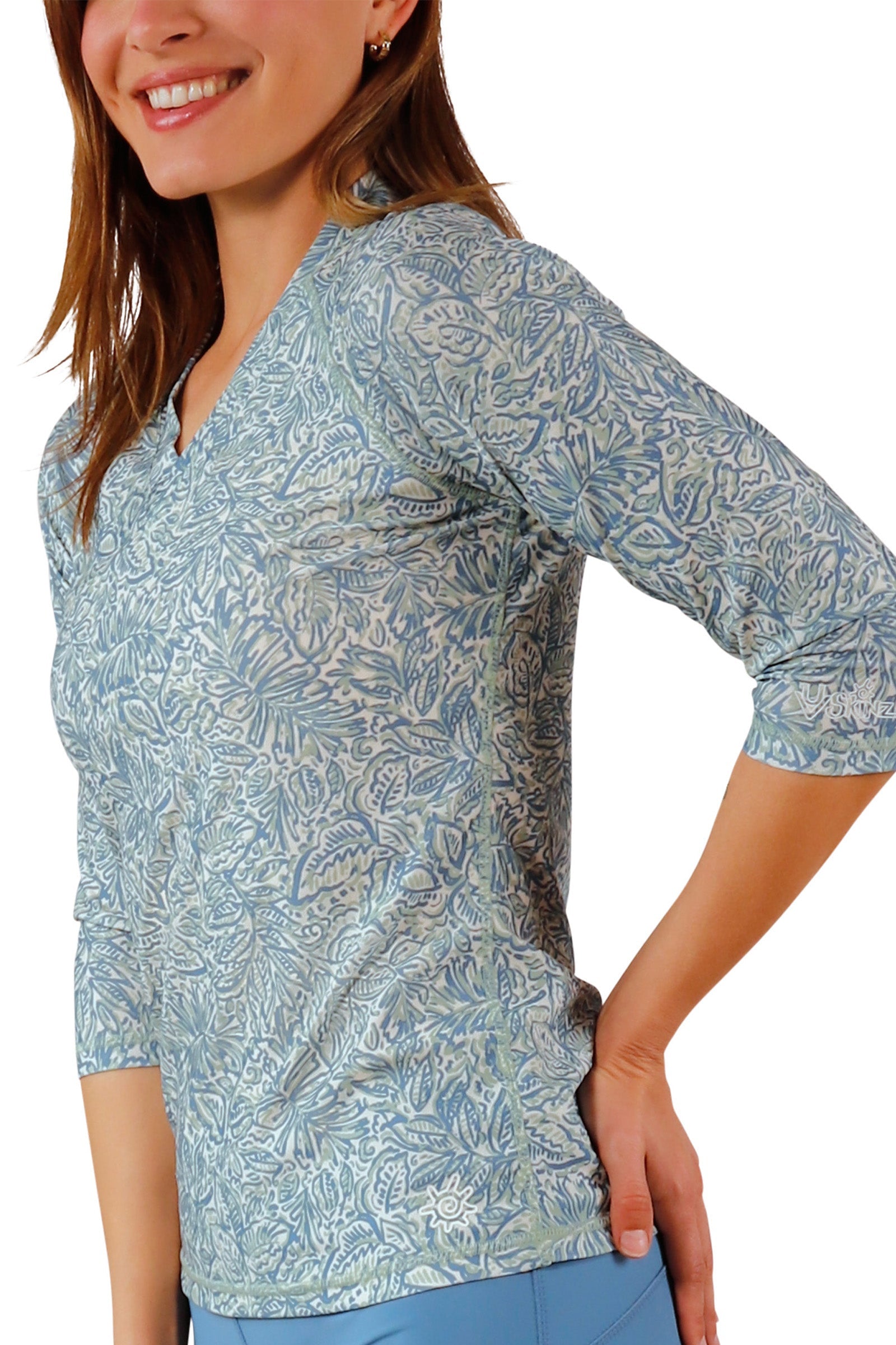 side view of womens v-neck sun and swim shirt|botanical-garden