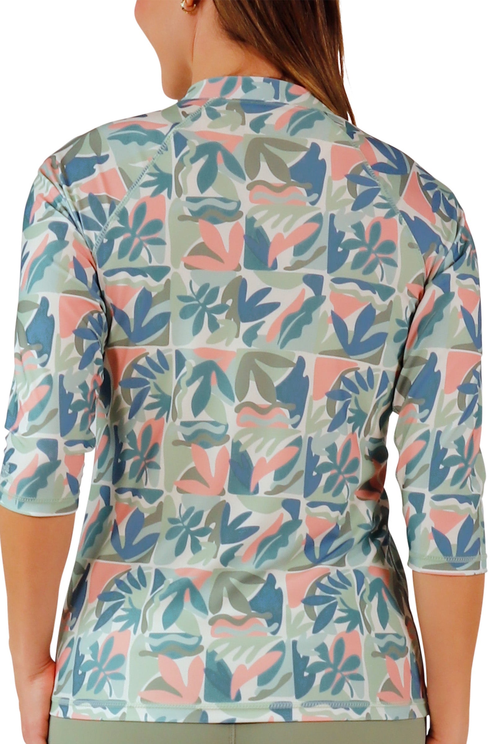 back view of womens v-neck sun and swim shirt|eden-reflection