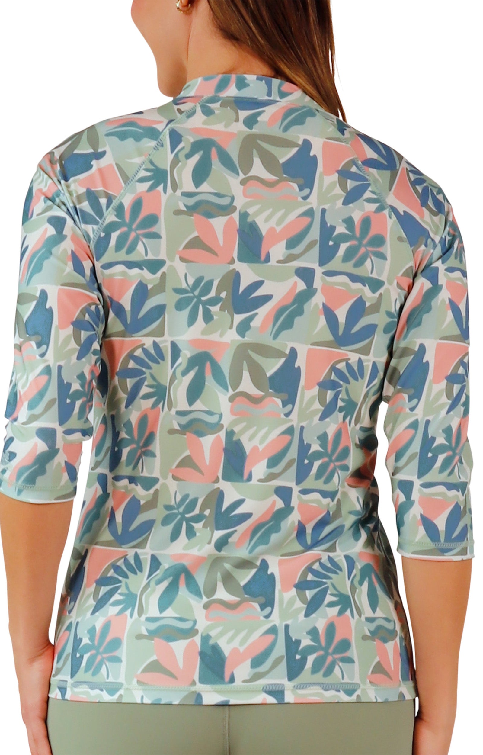 back view of womens v-neck sun and swim shirt|eden-reflection