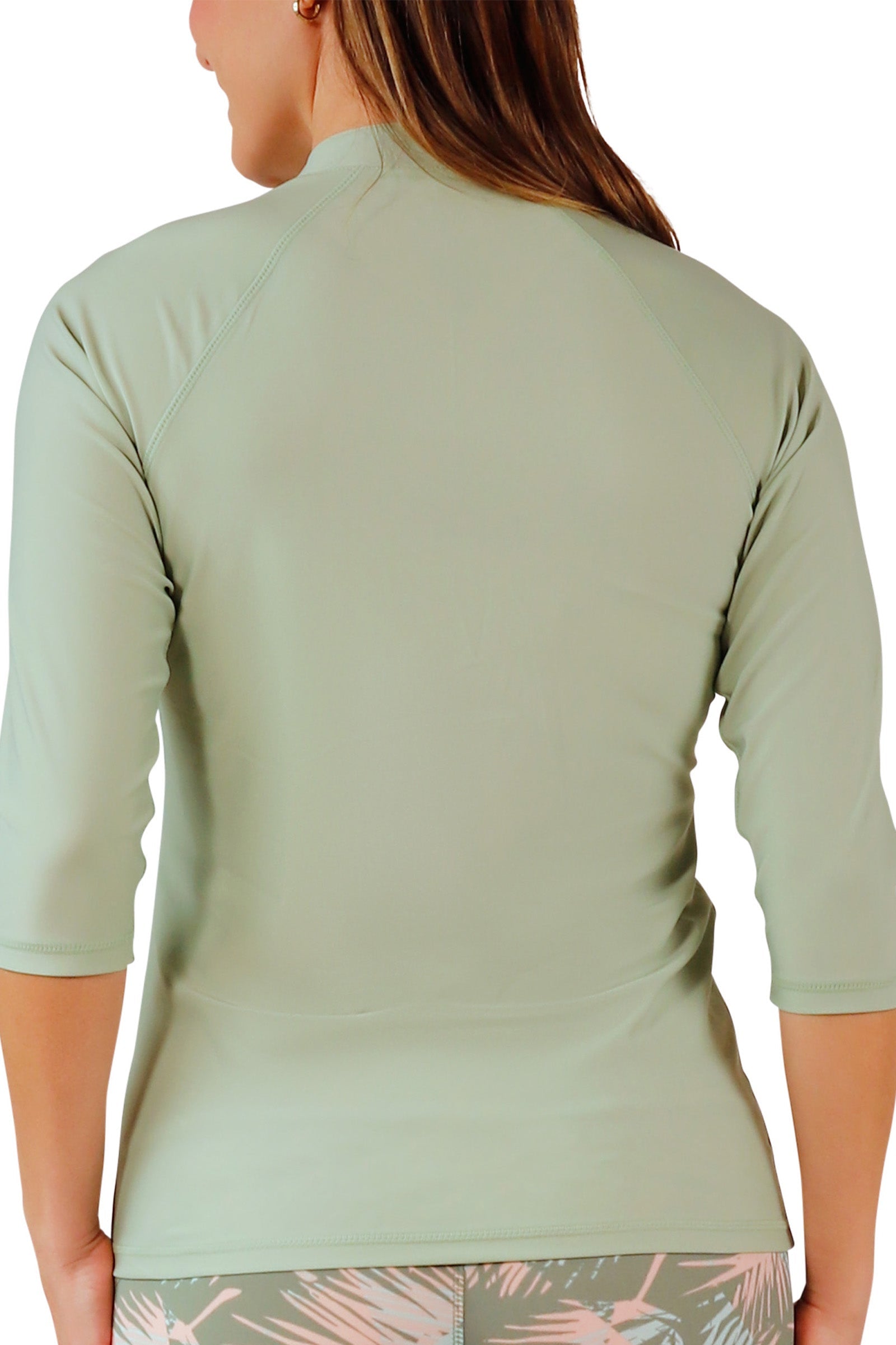 back view of womens v-neck sun and swim shirt|frosty-green