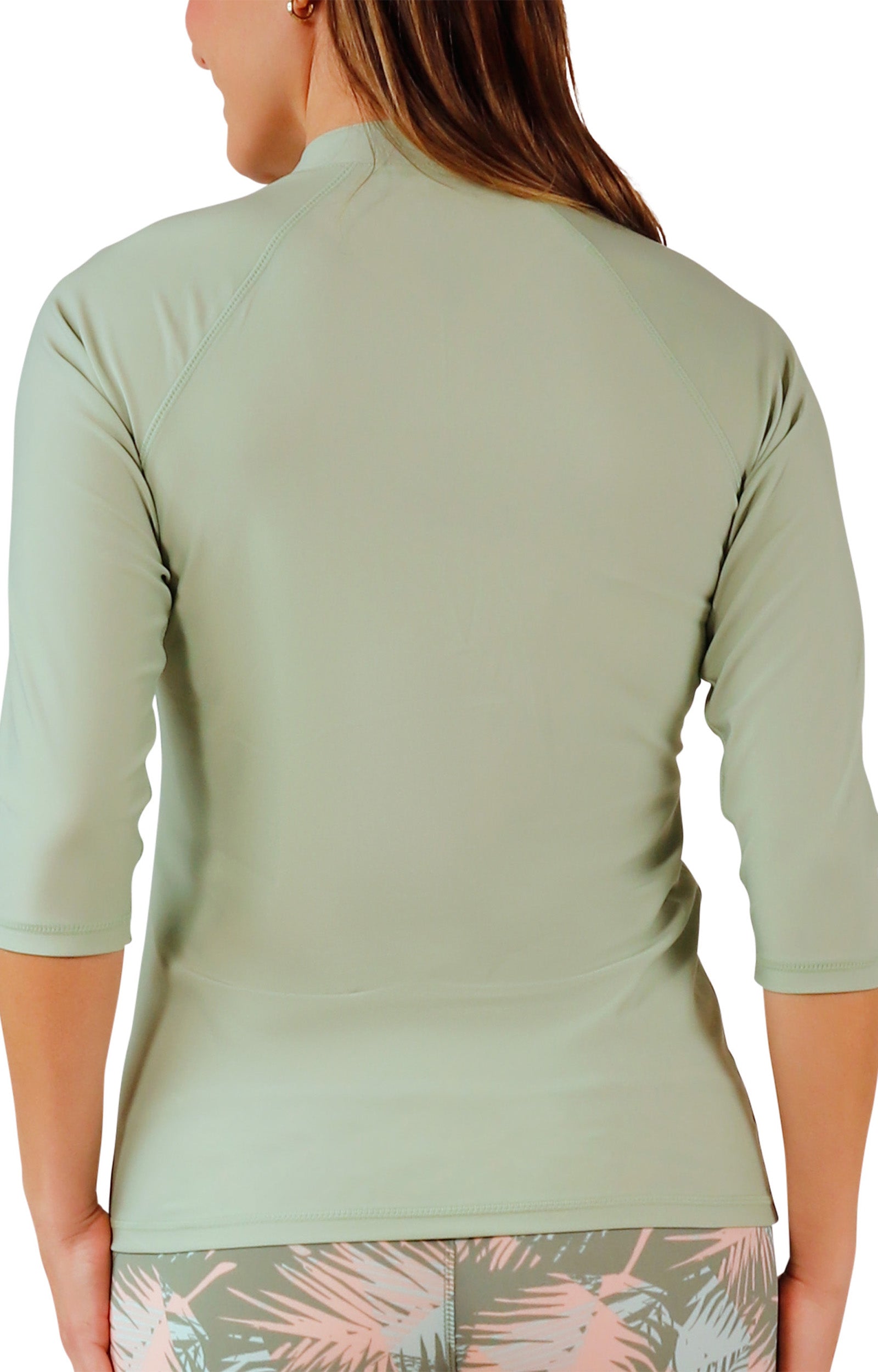 back view of womens v-neck sun and swim shirt|frosty-green