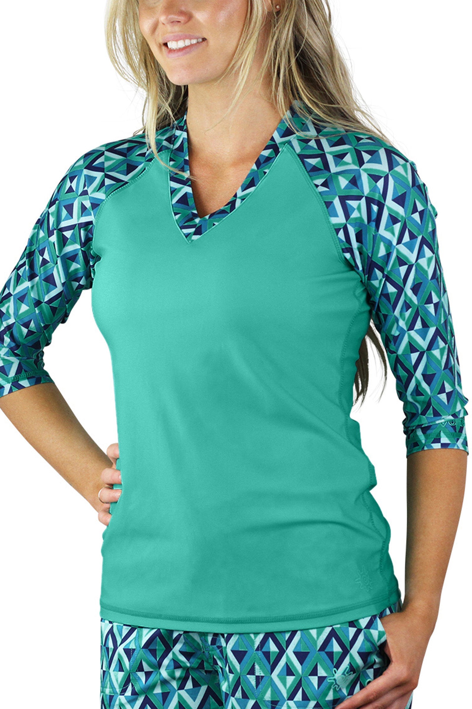 Women's V-Neck Sun & Swim Shirt in Turquoise Jewels|turquoise-jewels