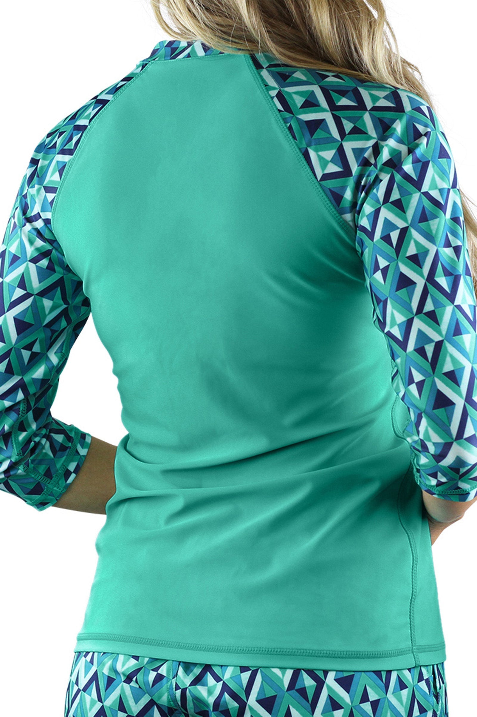 Back View of the Women's V-Neck Sun & Swim Shirt in Turquoise Jewels|turquoise-jewels