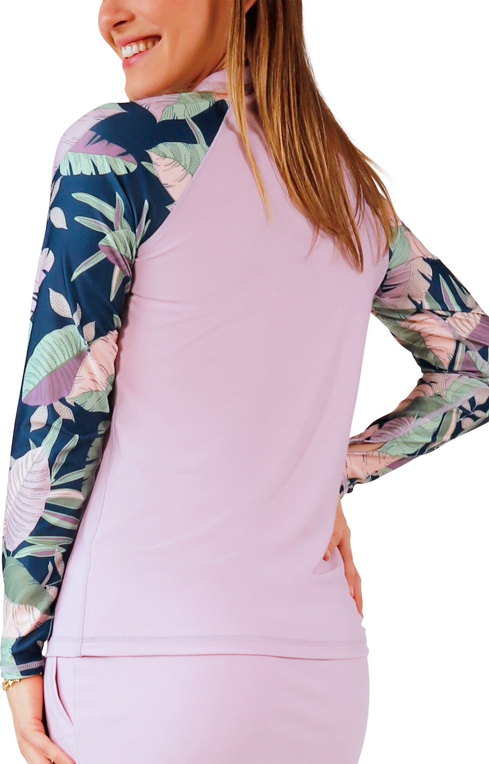 back of womens LS Quarter Zip Sun & Sun Swim Shirt|midnight-leavescape