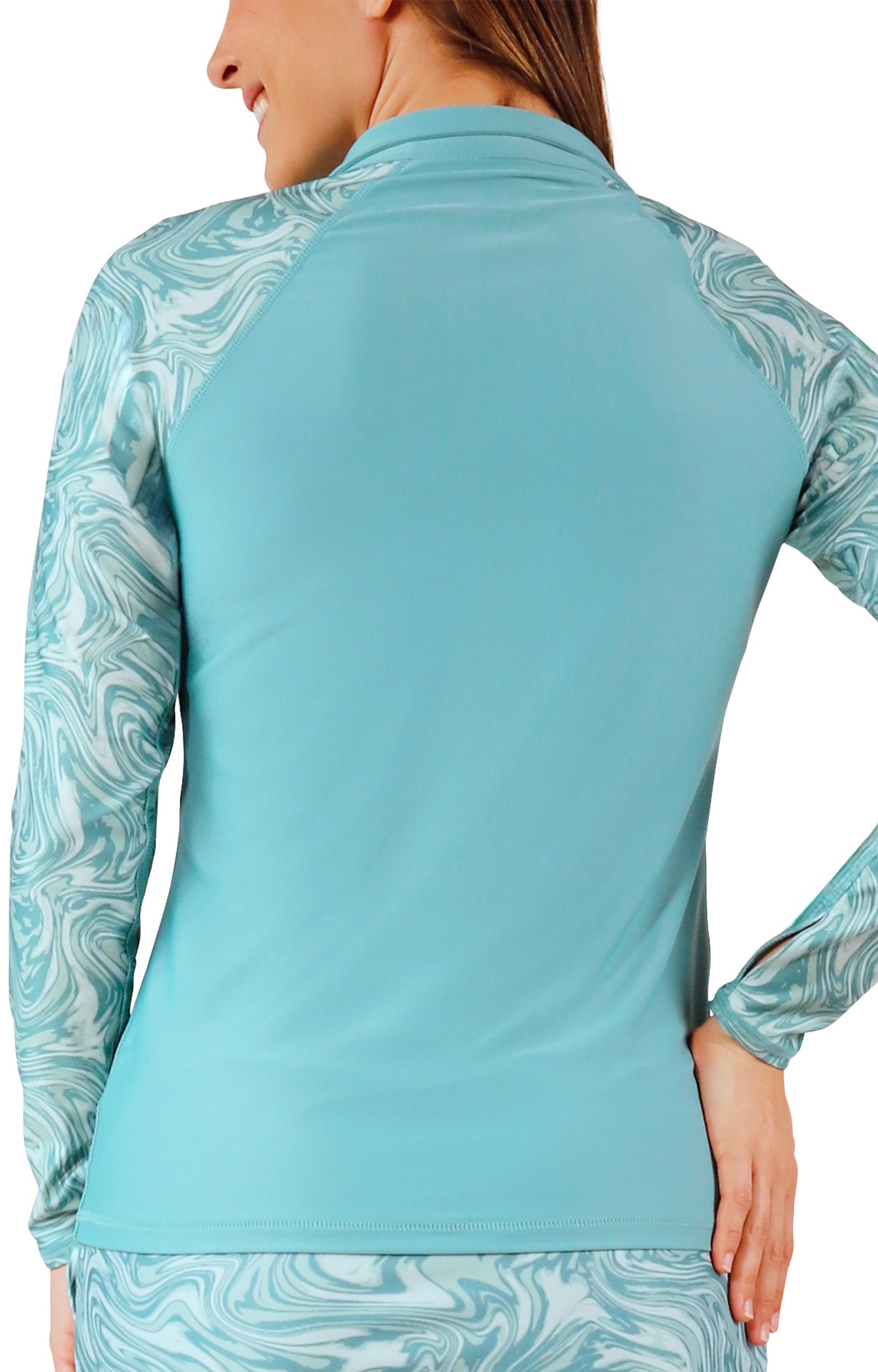 back view of women's long sleeve quarter zip sun & swim shirt|river-marble