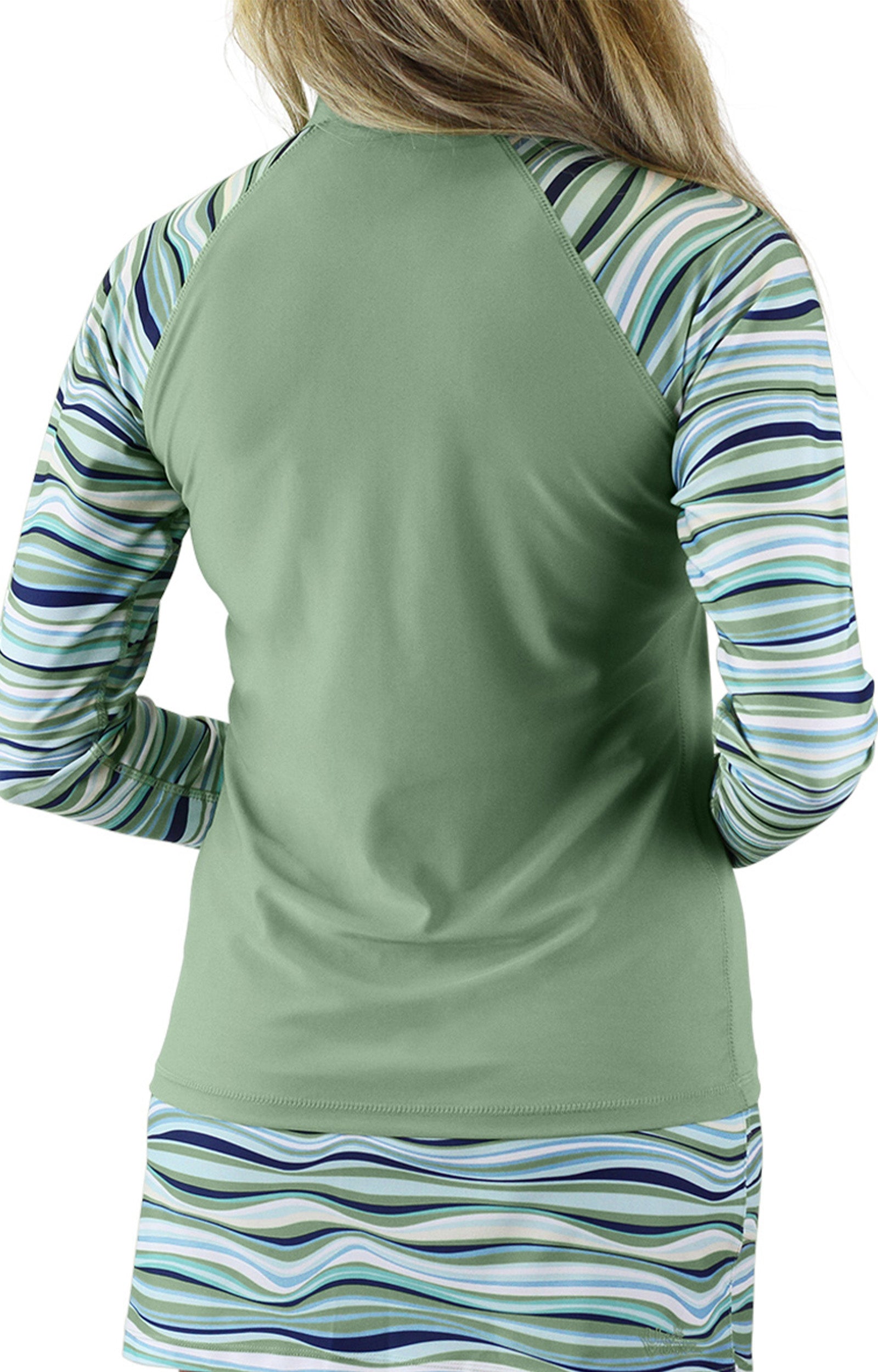 back of the women’s long sleeve quarter zip swim shirt in serene waves|serene-waves