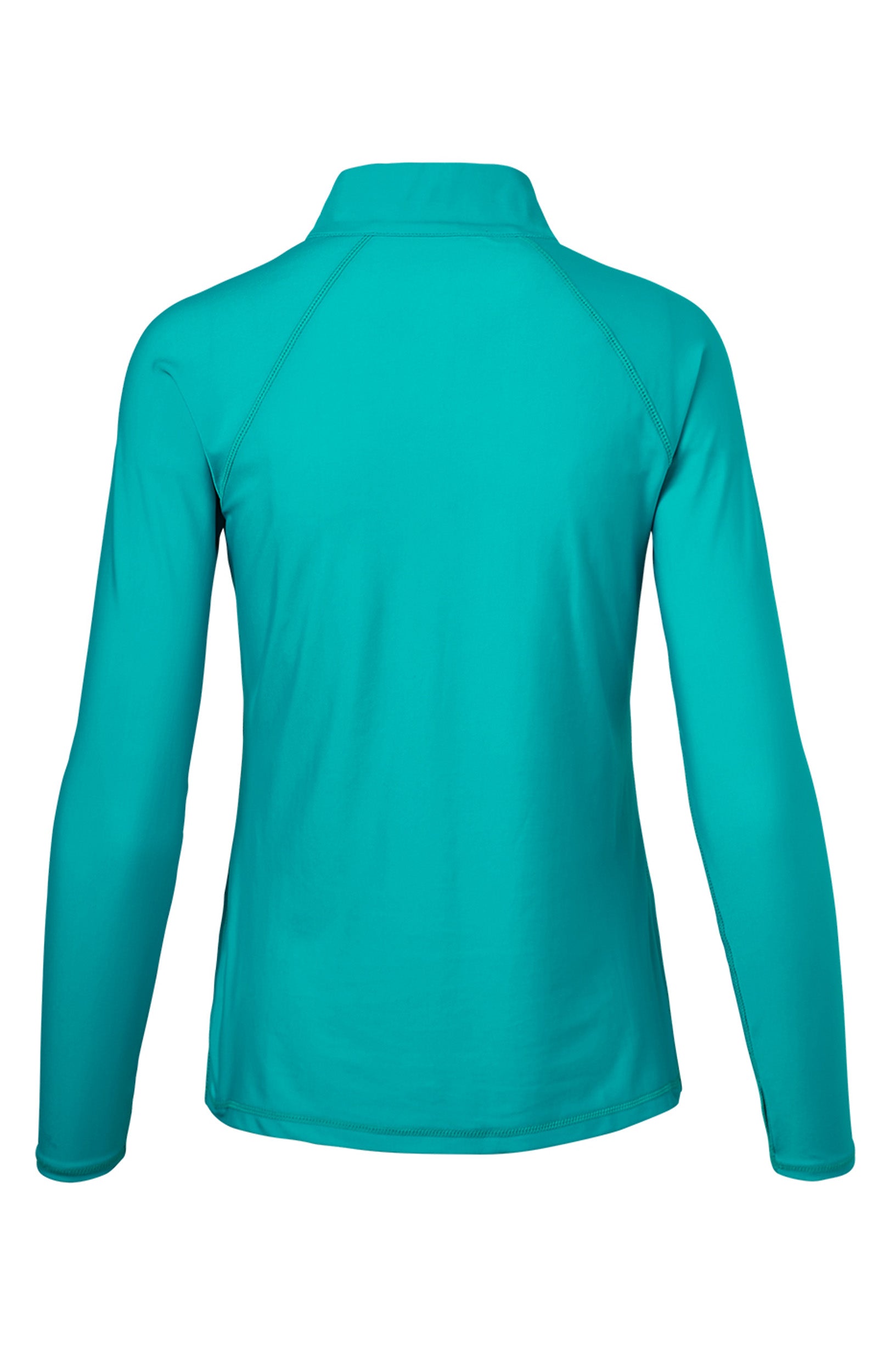 back of the women’s long sleeve quarter zip swim shirt in teal|teal