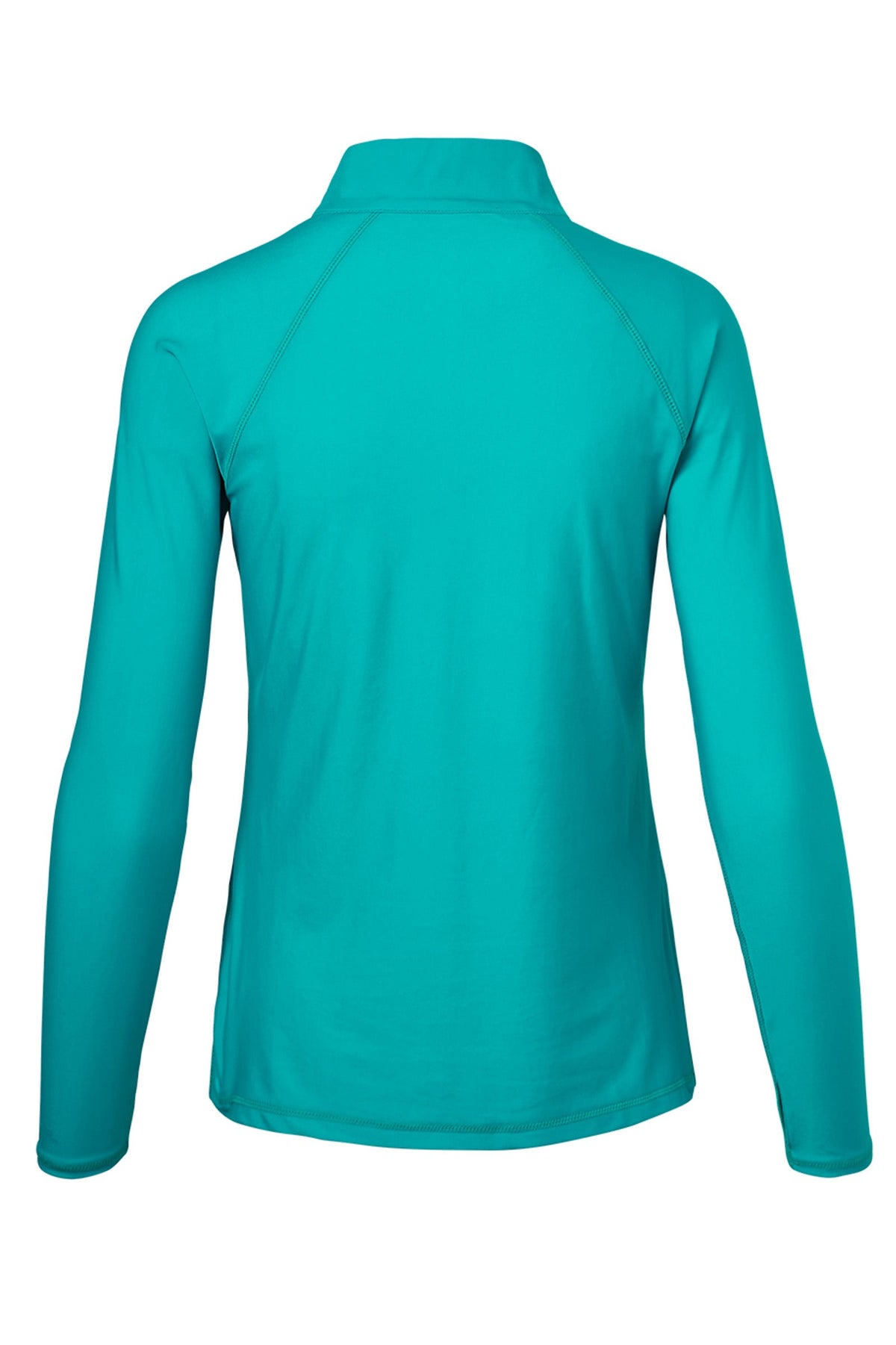 back of the women’s long sleeve quarter zip swim shirt in teal