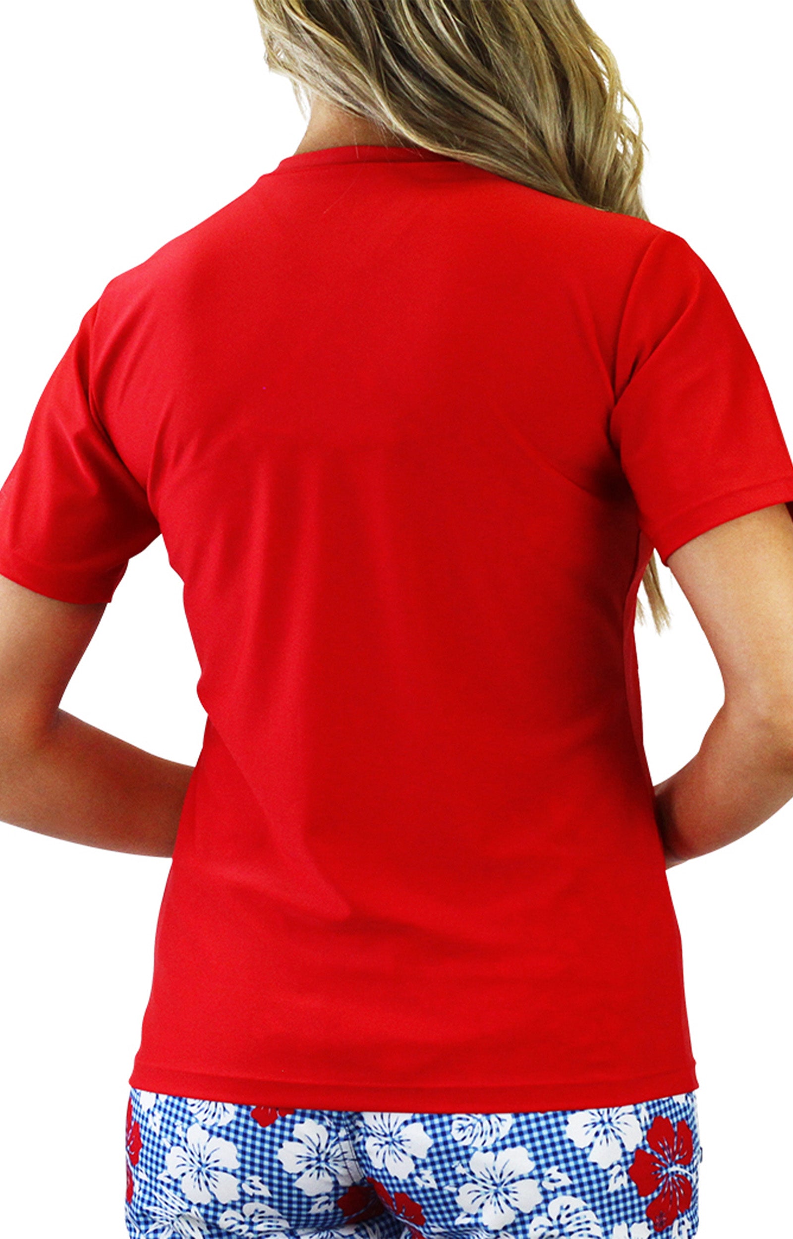 Back of UV Skinz's women's quarter zip crew swim shirt in dark red|dark-red