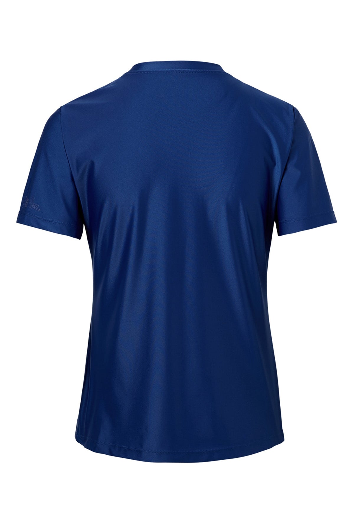 Back of the women's quarter zip crew swim shirt in navy blue|navy-blue