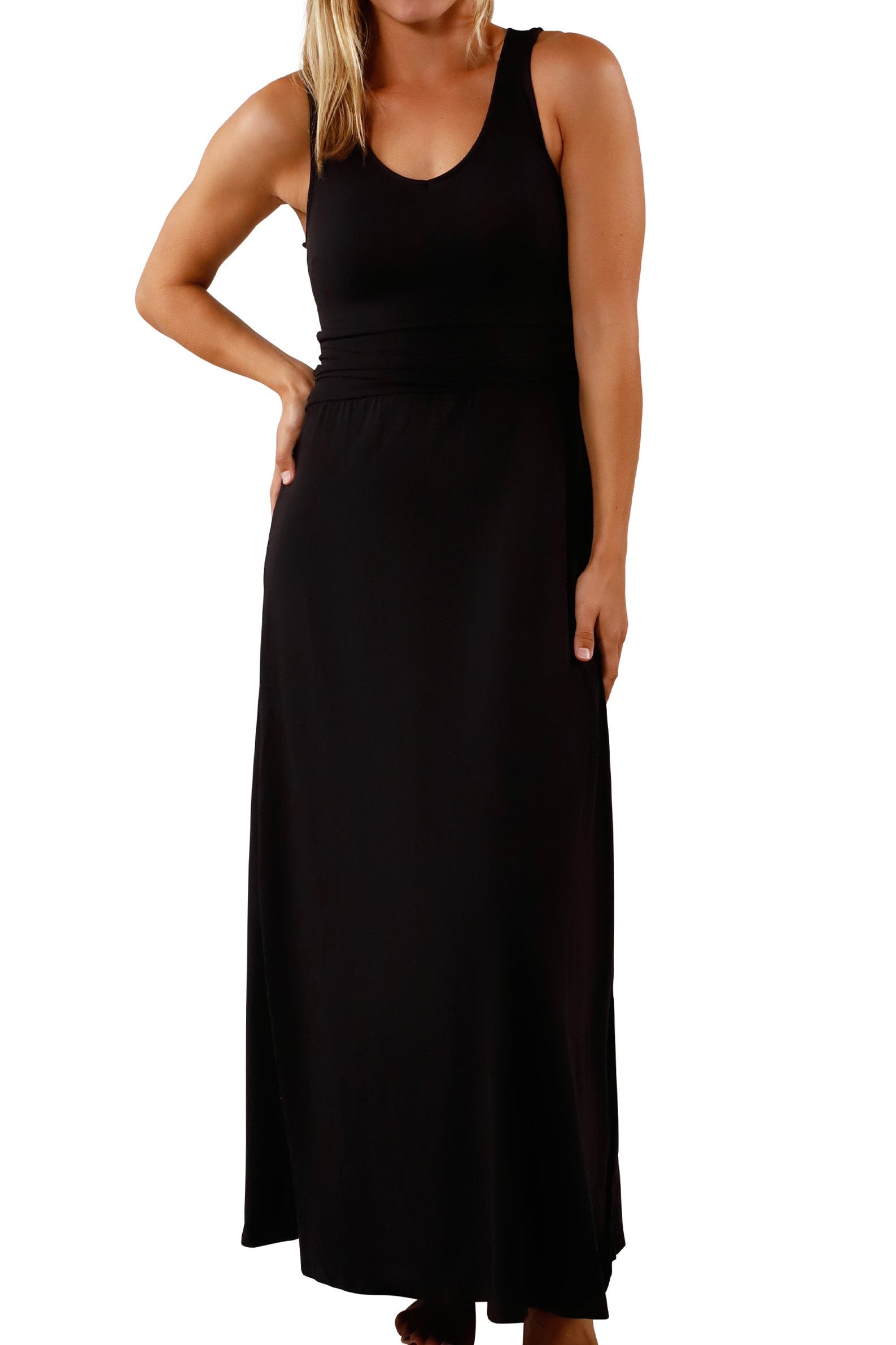 woman's front v-neck maxi dress in black|black